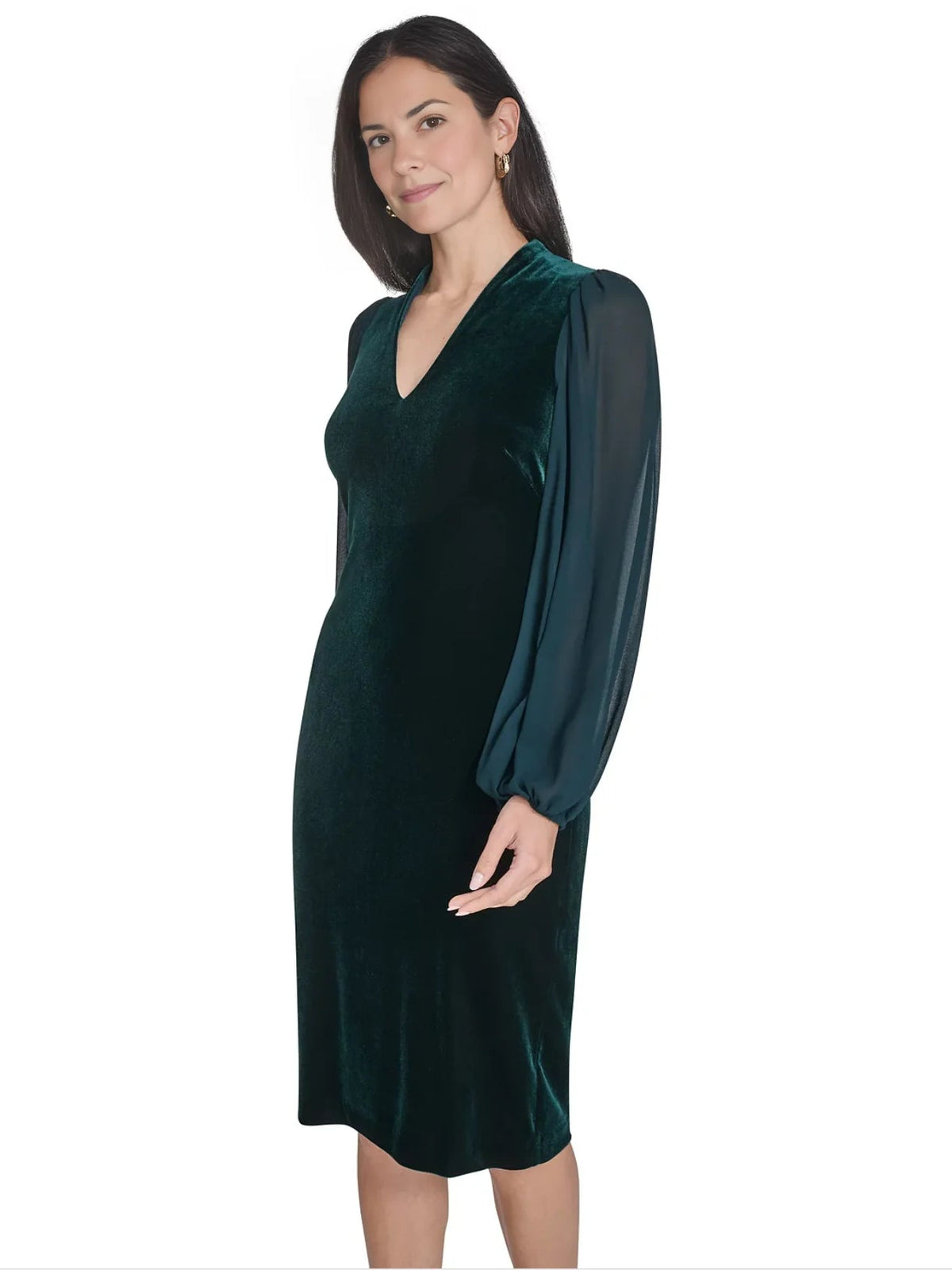 Dark green V-neck fitted midi dress with draped chiffon sleeve overlay
