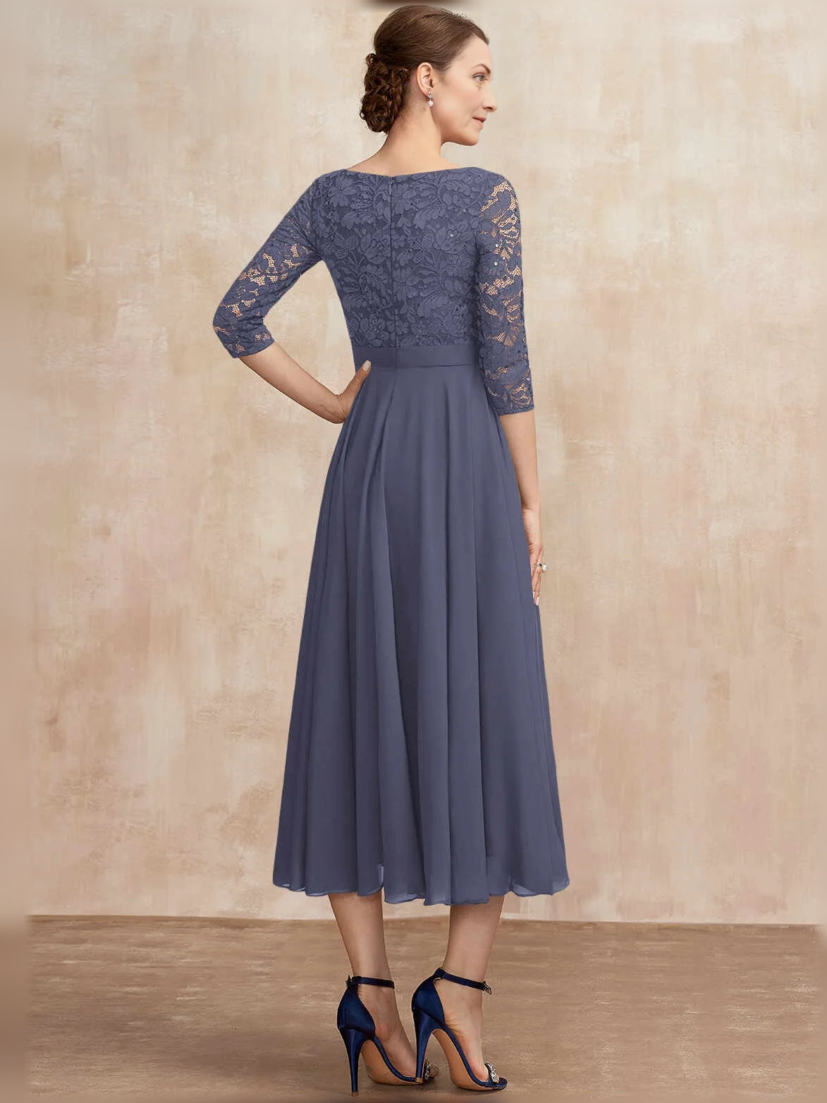 Dusty blue sequined lace midi A-line dress, bateau neck, pleated skirt (back view)