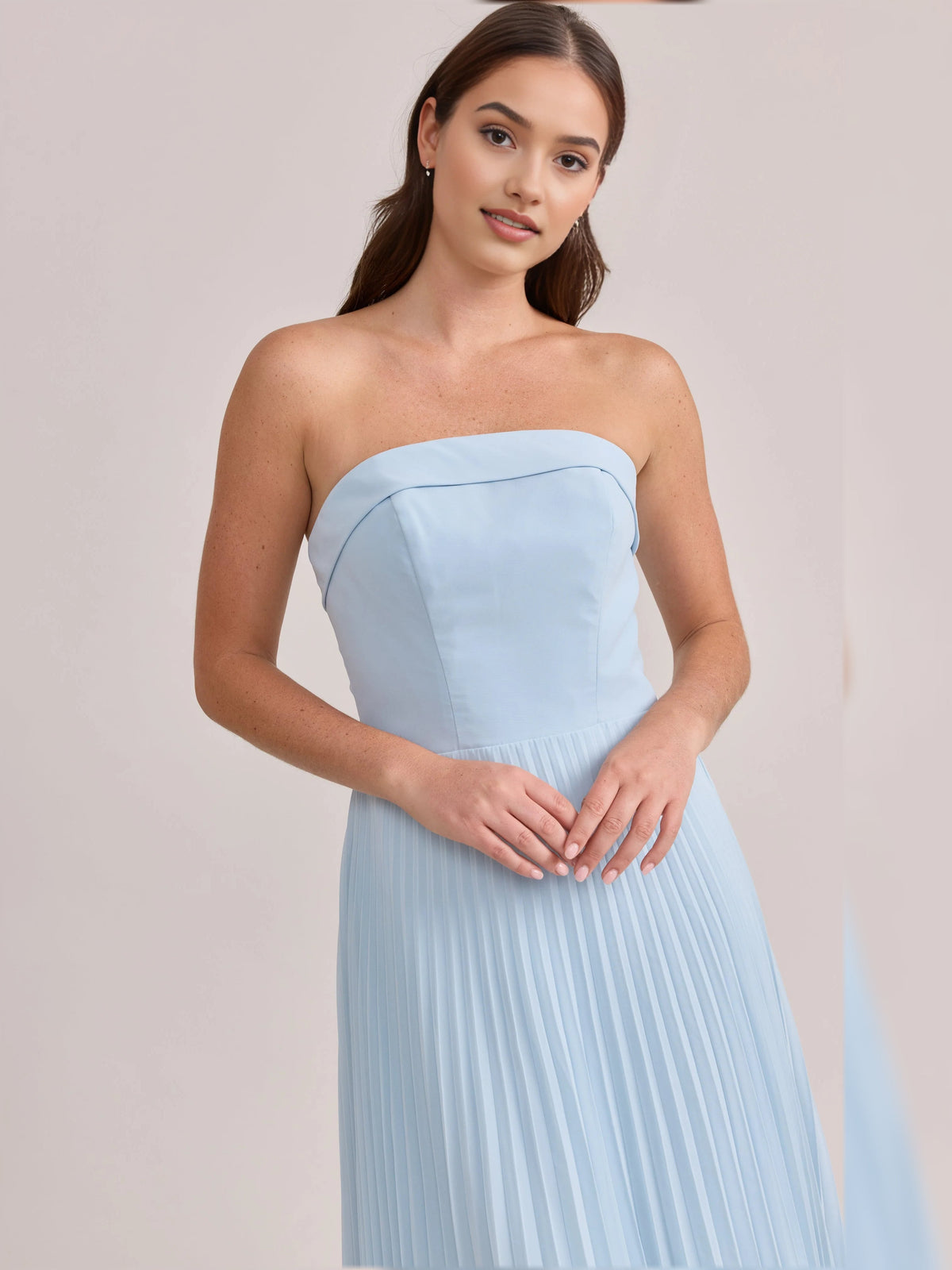 Light sky blue strapless A-line maxi chiffon dress with pleated bodice
