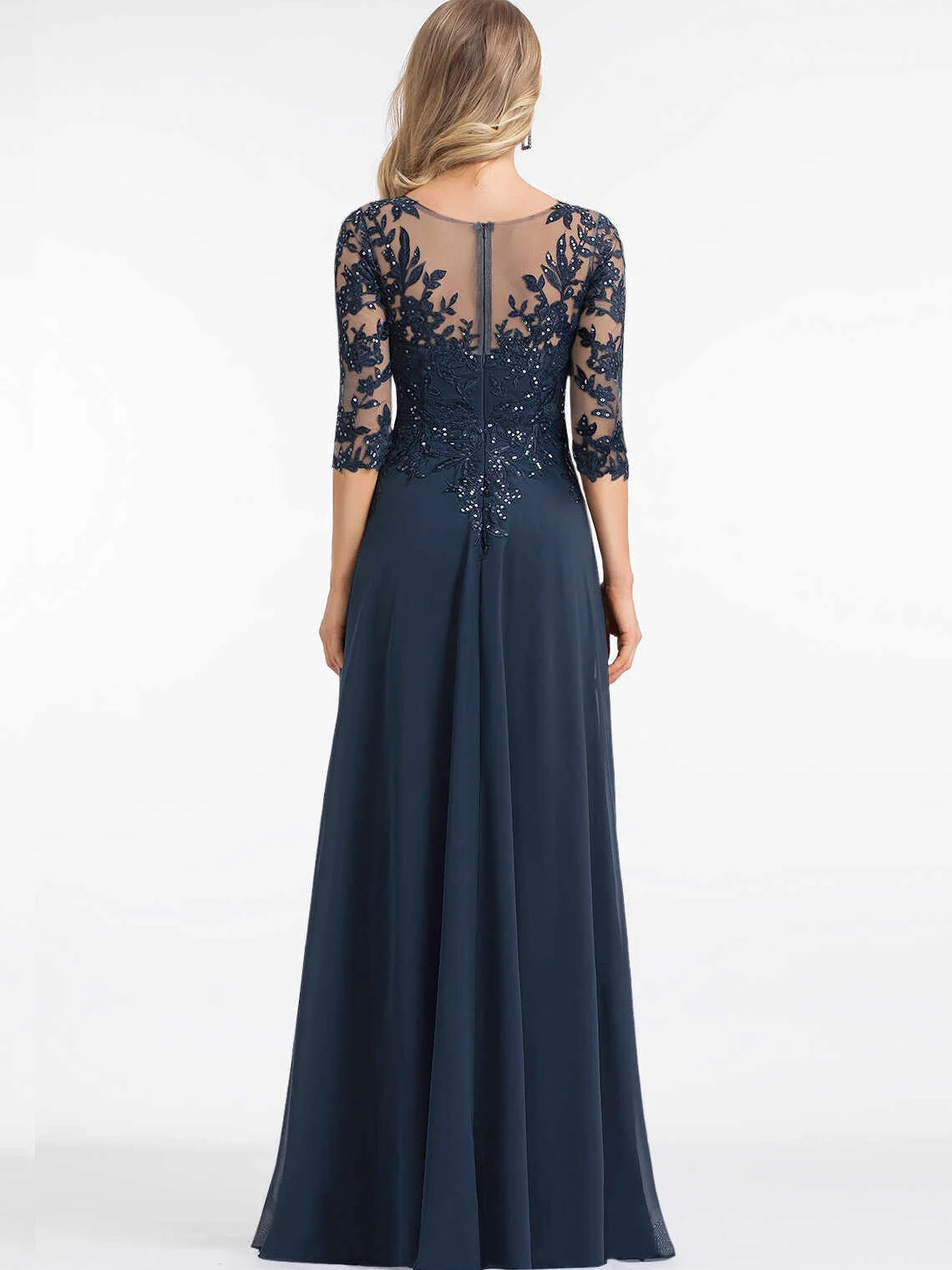 Embroidered sequin floral maxi dress, back view, dark blue, A-line with lace sleeves