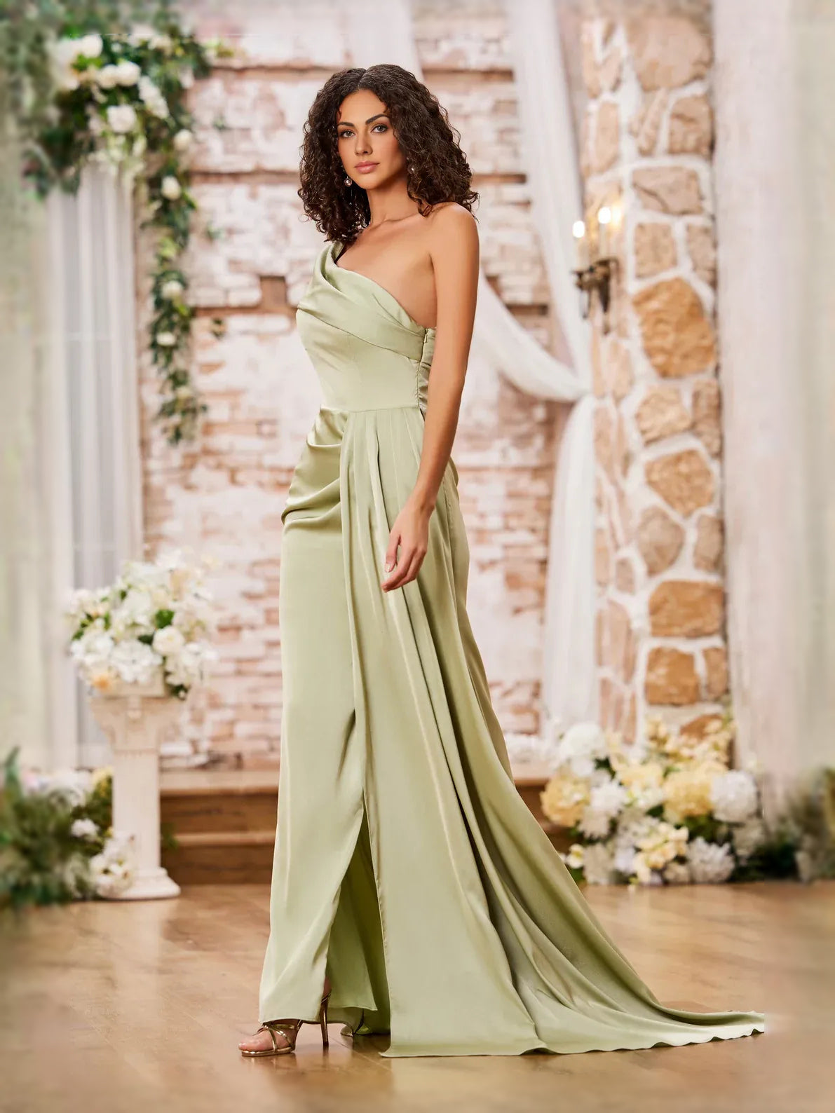 Dusty sage satin mermaid prom dress with asymmetrical neckline and gathered waist drape