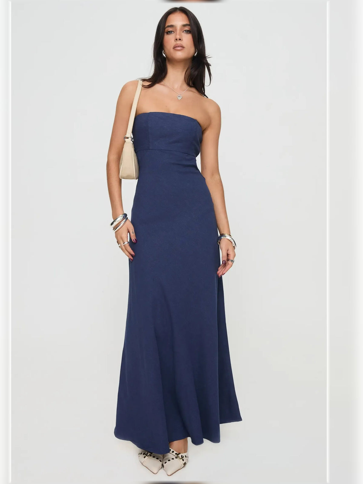 Navy strapless cutout sheath formal dress, floor-length, smooth fitted bodice