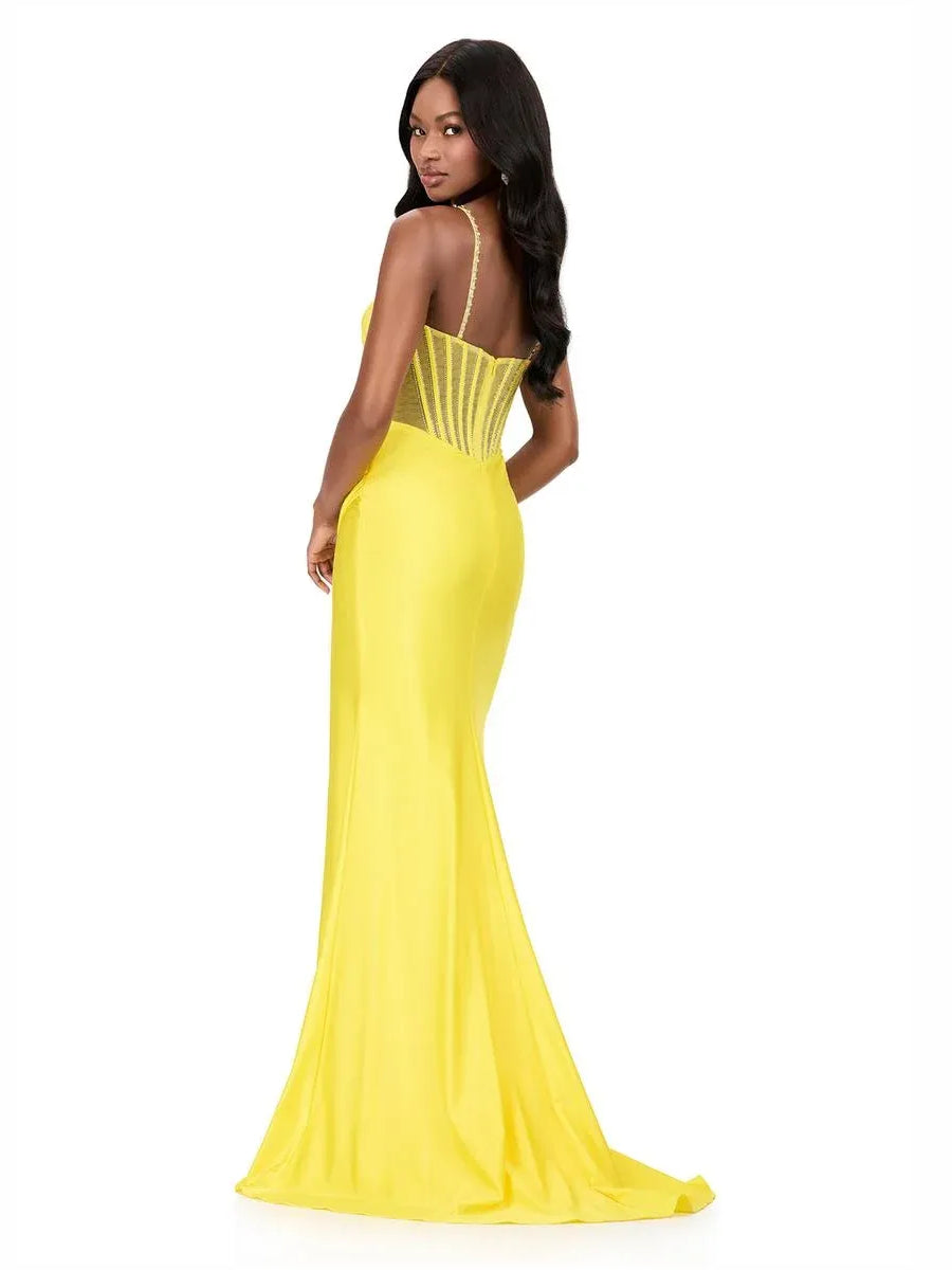 Lemon yellow sweetheart corset mermaid formal dress with spaghetti straps