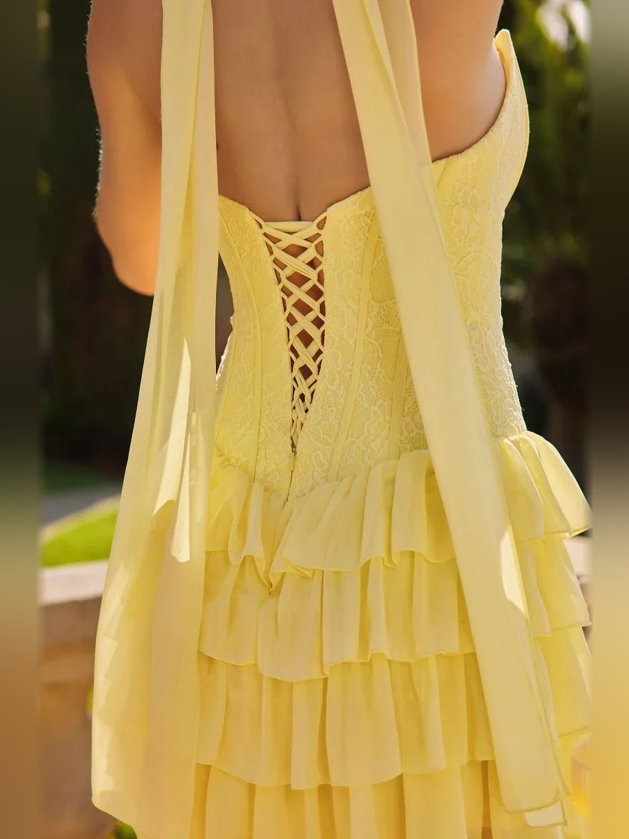 Yellow strapless corset mini dress with lattice detail and tiered ruffle skirt