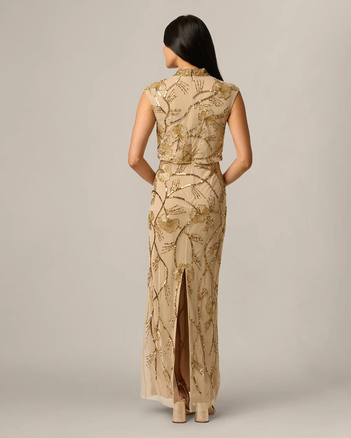 Gold embellished A-line maxi dress, back view with sheer mesh and beaded florals