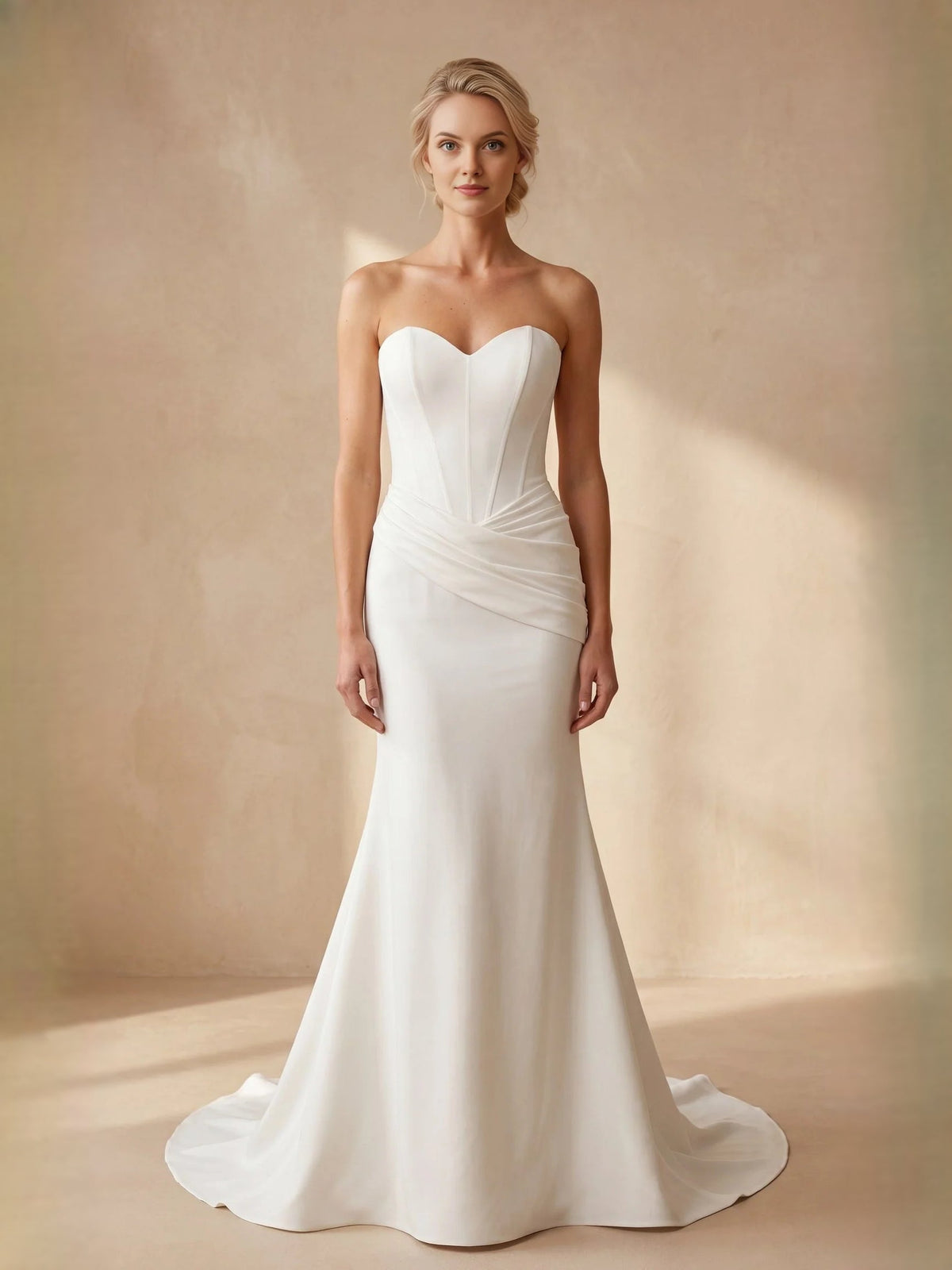 Ivory satin strapless sweetheart mermaid wedding dress with fitted corset and drape