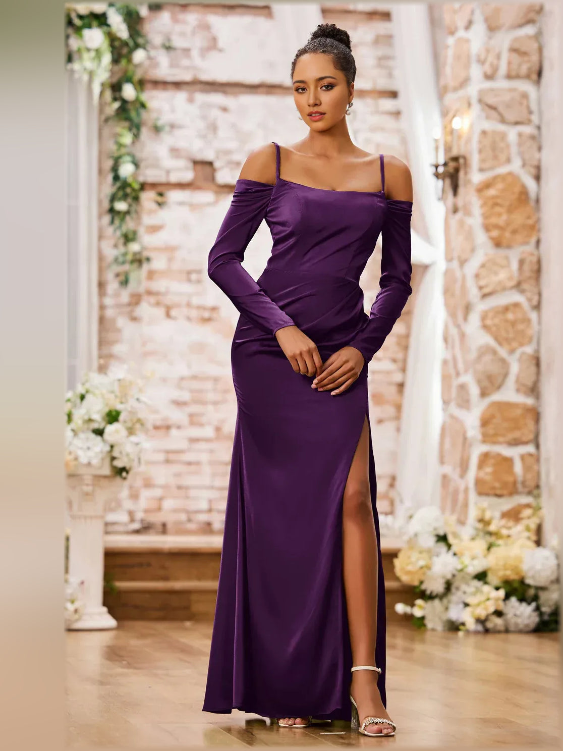Grape purple off-shoulder long-sleeve formal dress with ruching and side slit