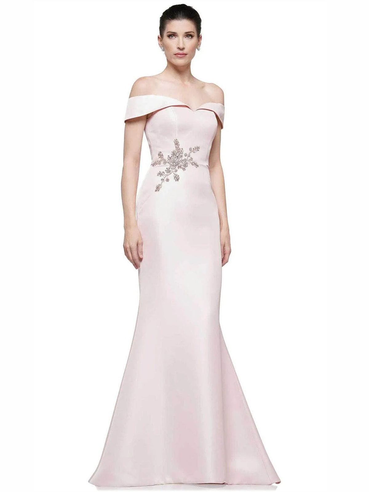 Blush pink off-shoulder mermaid gown with floral beaded chest design, floor length.