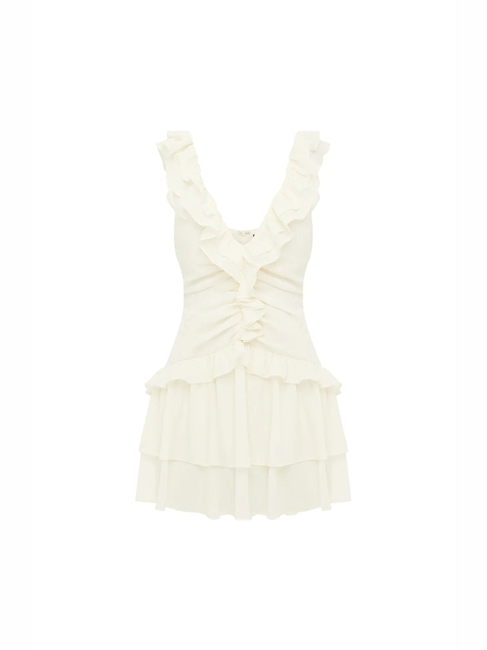 Pearl sleeveless mini dress with tiered ruffles, V-neck, bow-front detail