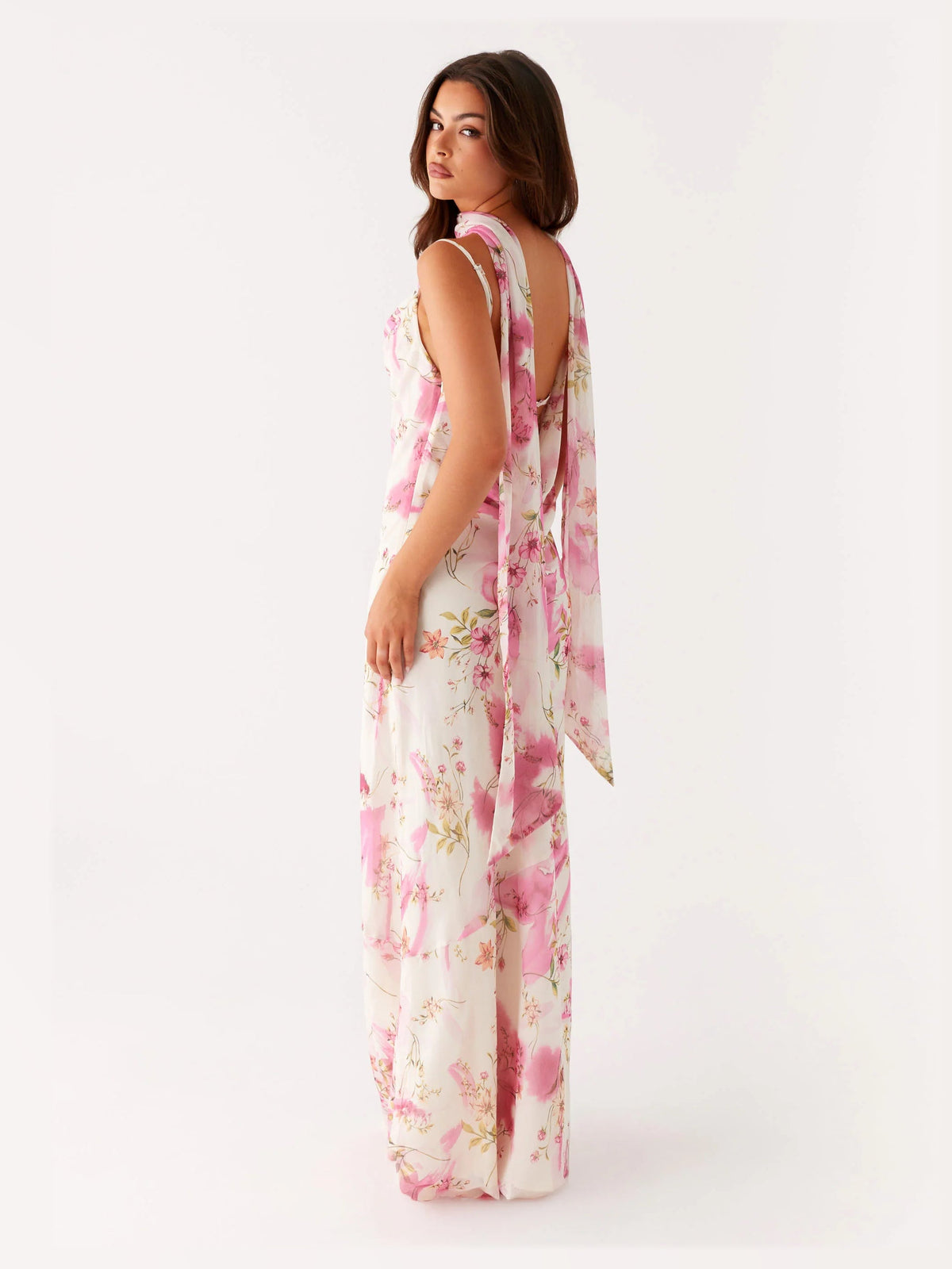 Ivory Floral maxi formal dress, alternate full-length view showing the hem