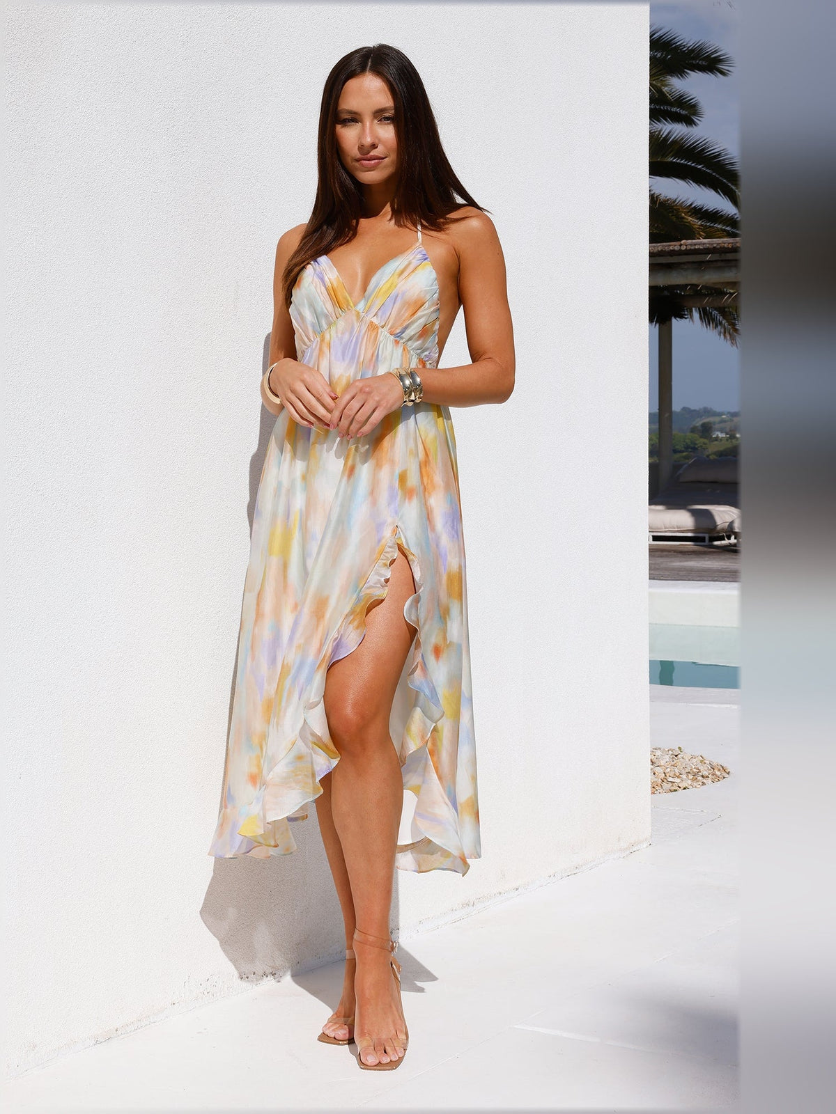 Multi halter midi formal dress, V halter neckline, flowy midi skirt, side slit.