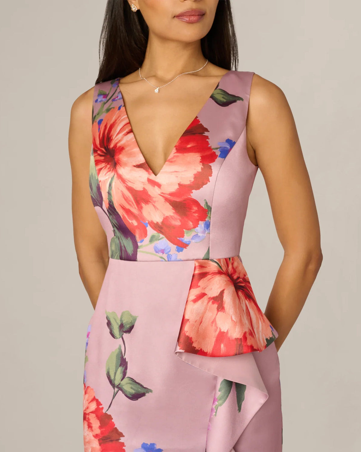 Mauve floral print V-neck sheath maxi dress with ruched waist tie detail