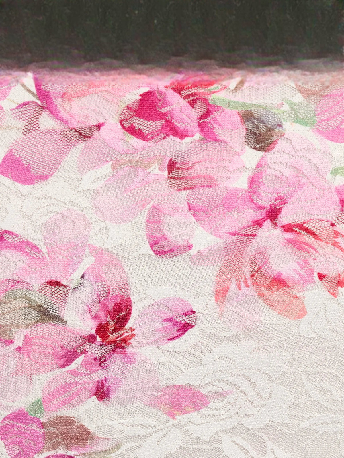 Floral lace-like fabric texture with pink-and-white rose pattern