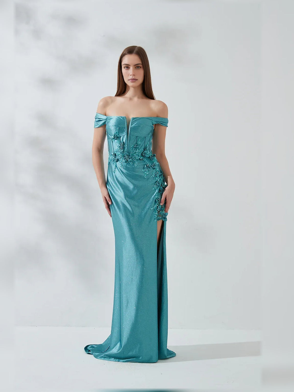 Jade off-shoulder long formal dress with floral embroidery and front slit