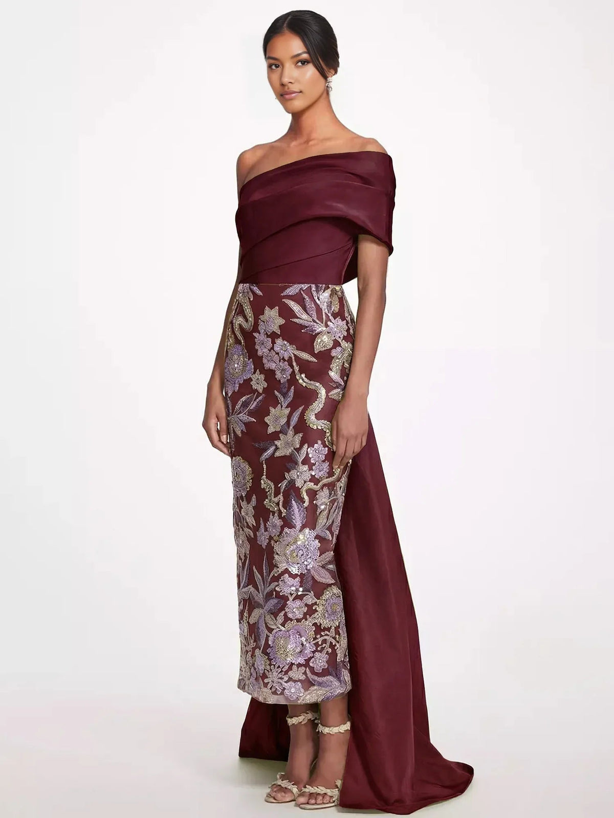 Burgundy one-shoulder floor-length formal dress with floral lace-like panel