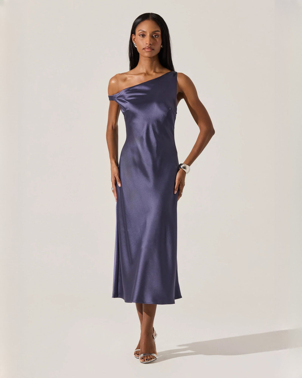 Royal blue off-shoulder satin midi A-line bridesmaid dress with fitted waist