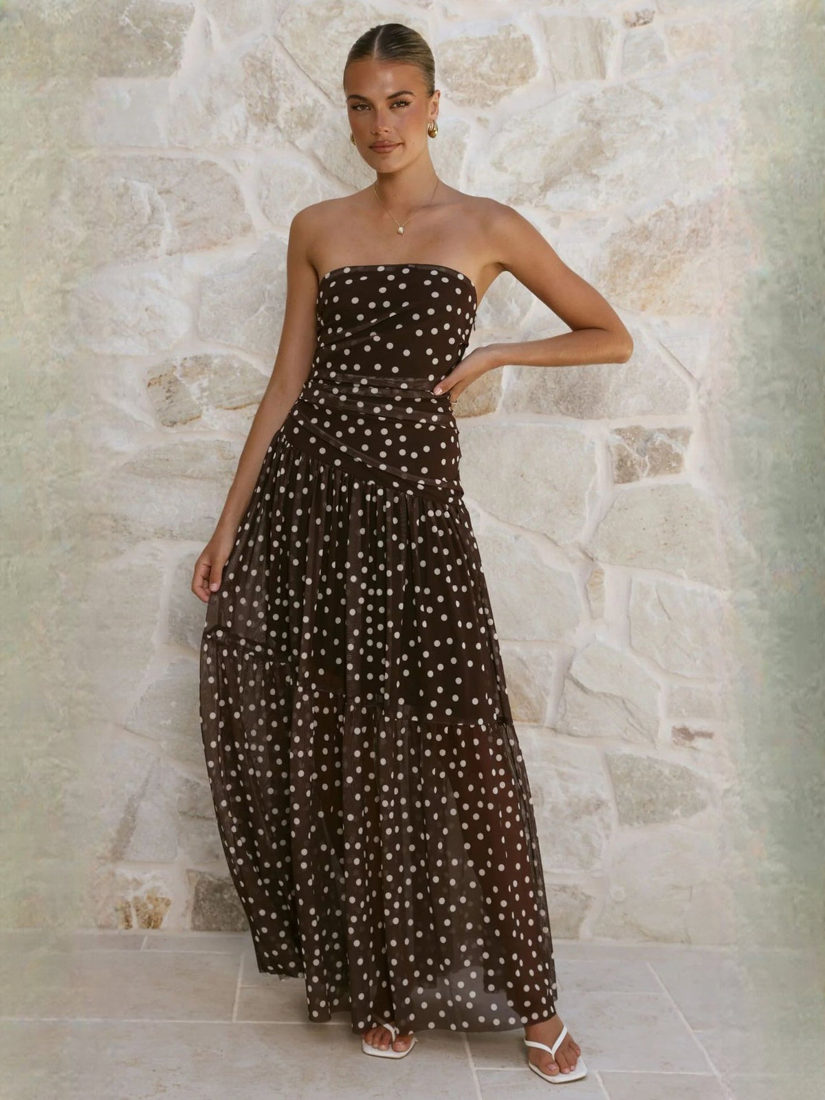 Chocolate White Polka Dot a-line maxi formal dress with printed pattern, alternate full-length view showing the skirt