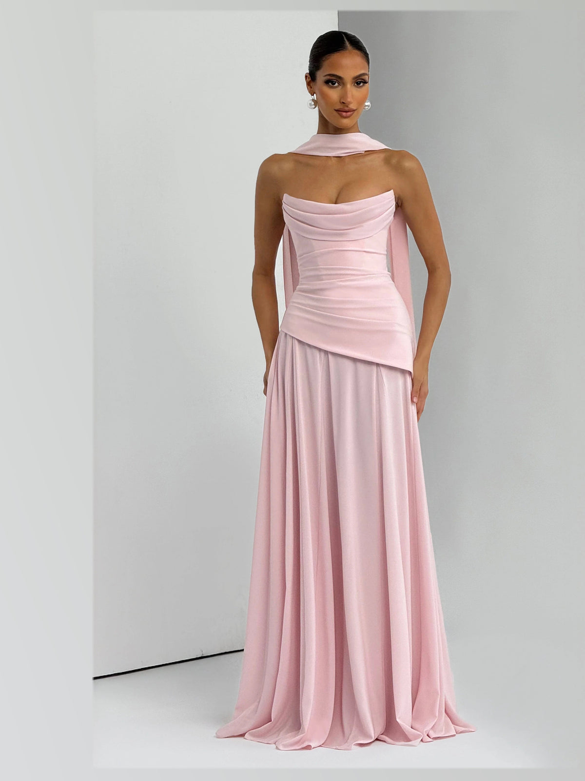 Blush maxi formal dress, alternate full-length view showing the hem