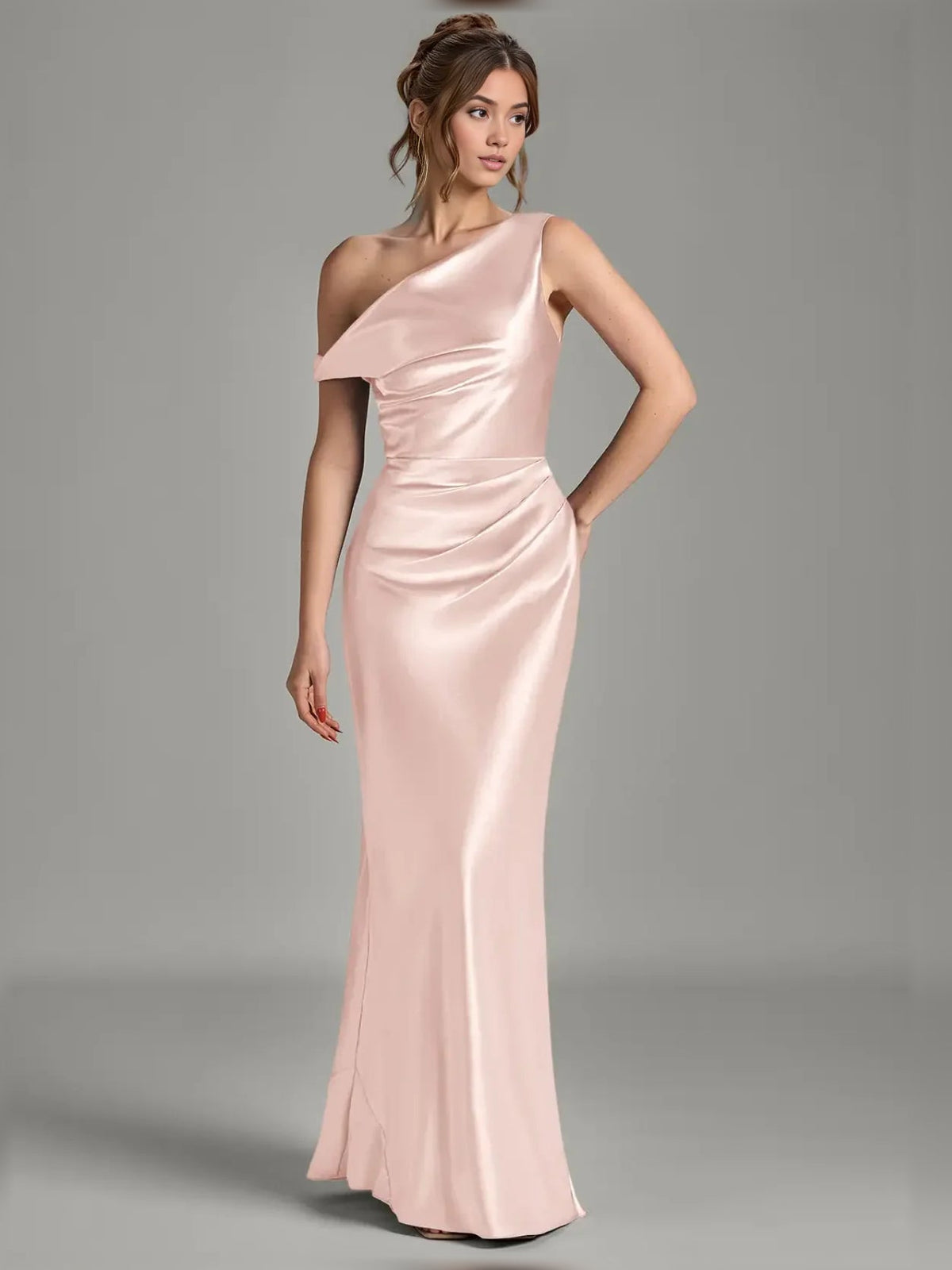 Off-shoulder satin mermaid dress in blush pink, floor-length with gathered waist