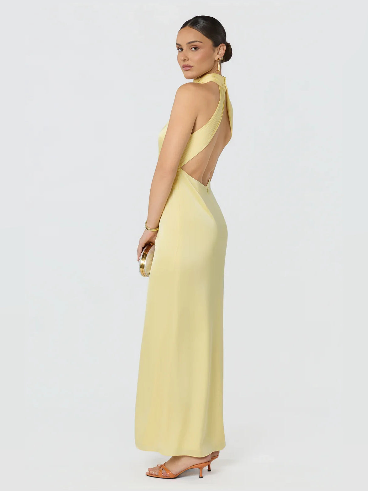 Lemon sleeveless halter formal dress with open side slit and floor-length hem