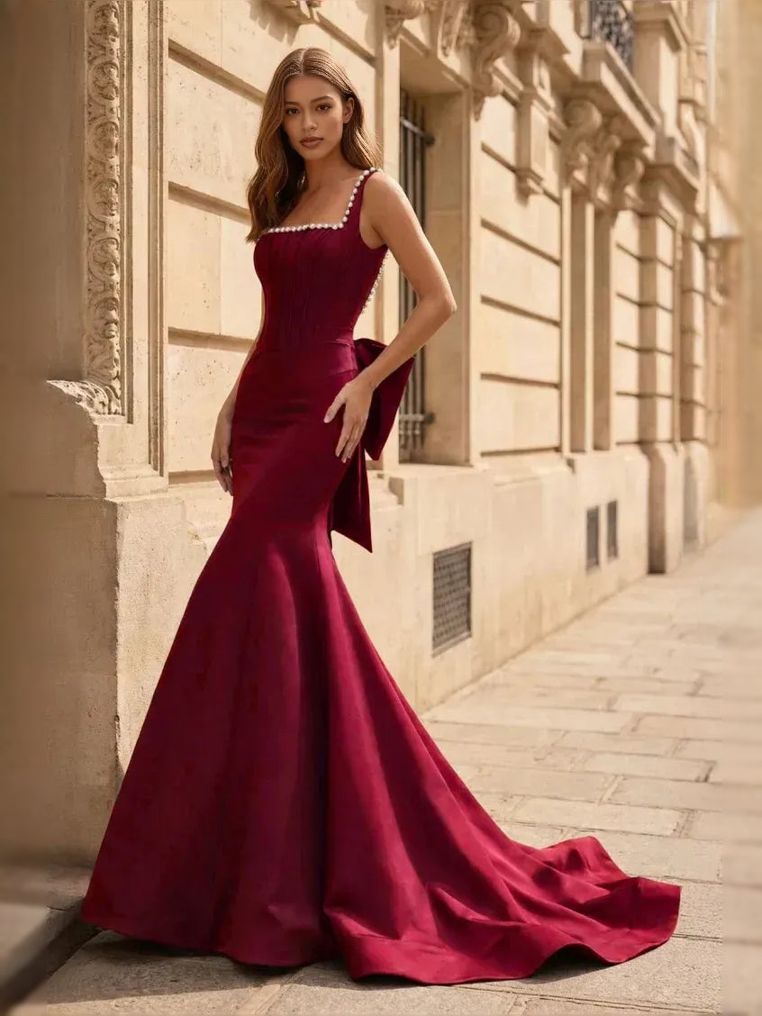 Burgundy corset bow square-neck mermaid satin prom dress with pearl-trim straps