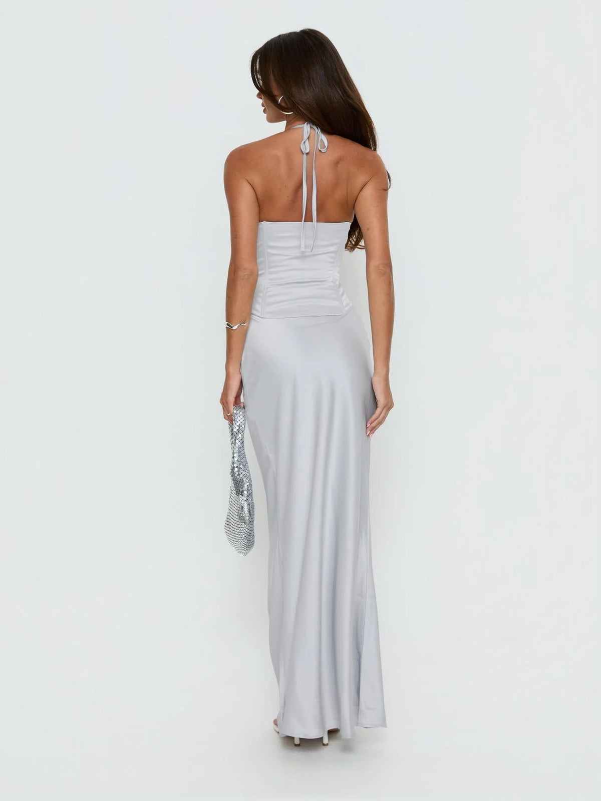 Silver formal dress with a-line shape
