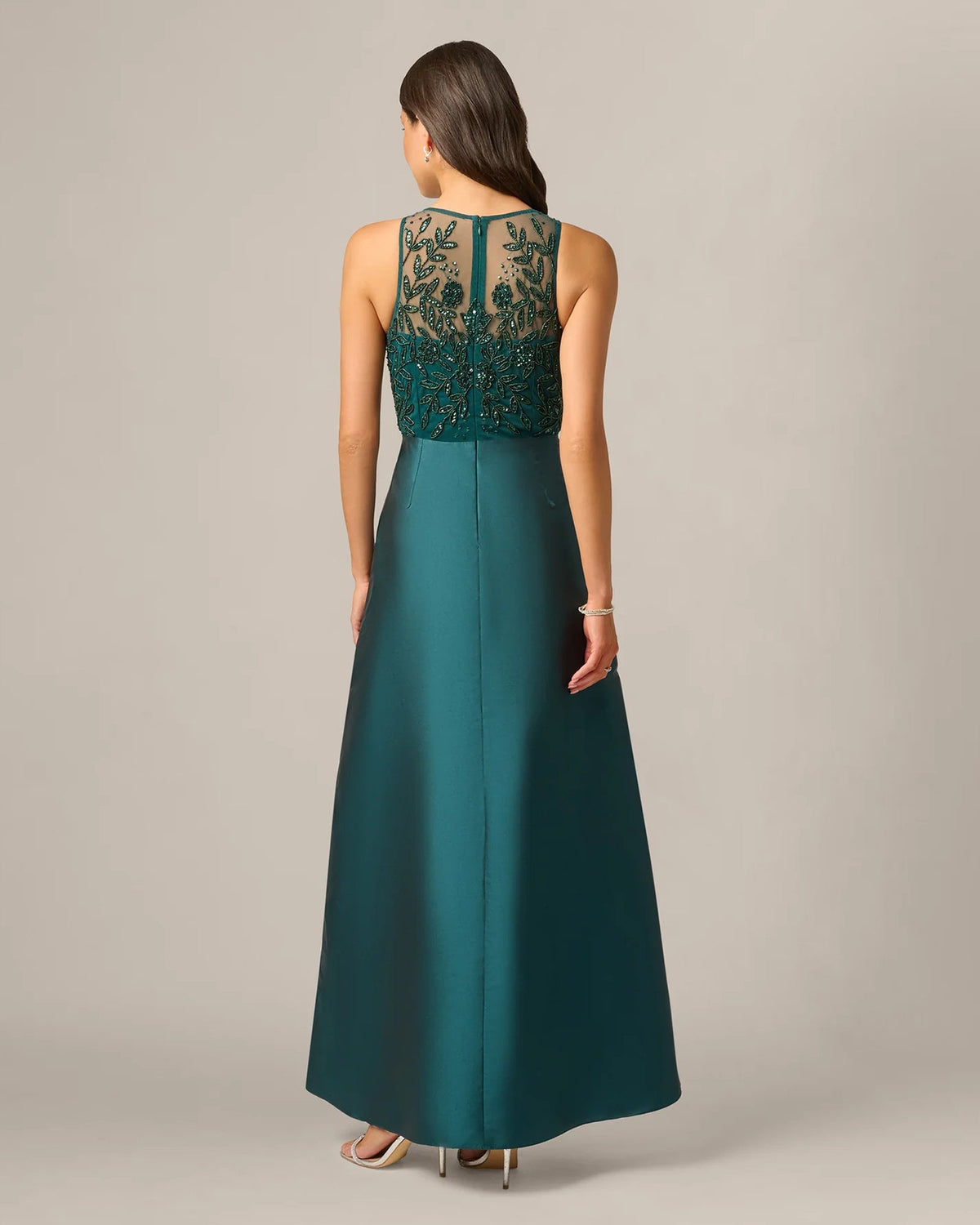 Teal green sleeveless A-line maxi dress back view with beaded upper panel