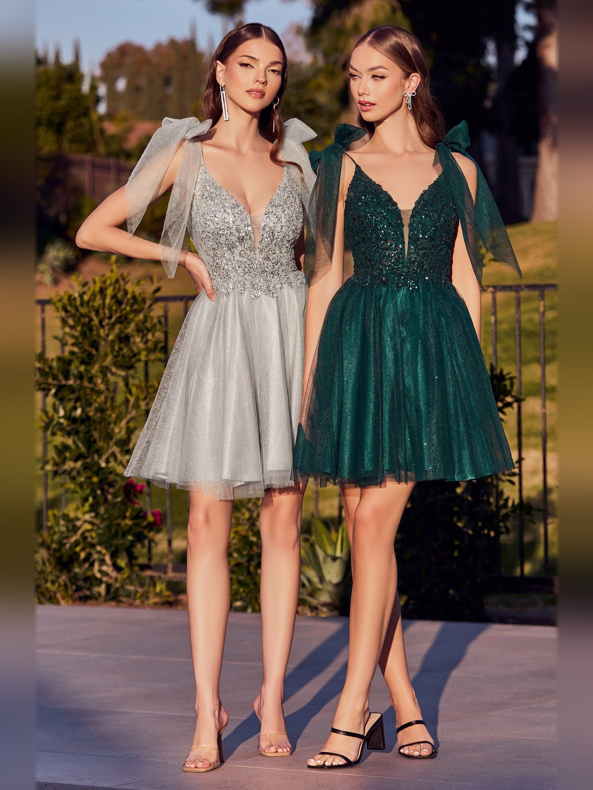 Silver beaded V-neck A-line short tulle dress with bow straps, two-tone shot