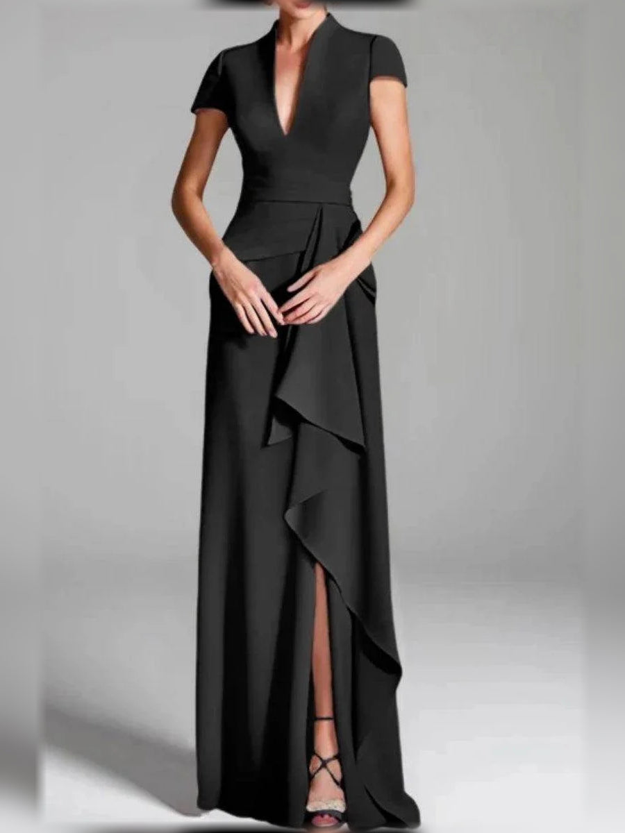 Black V-neck mermaid mother-of-the-bride dress with ruffled drape and thigh slit