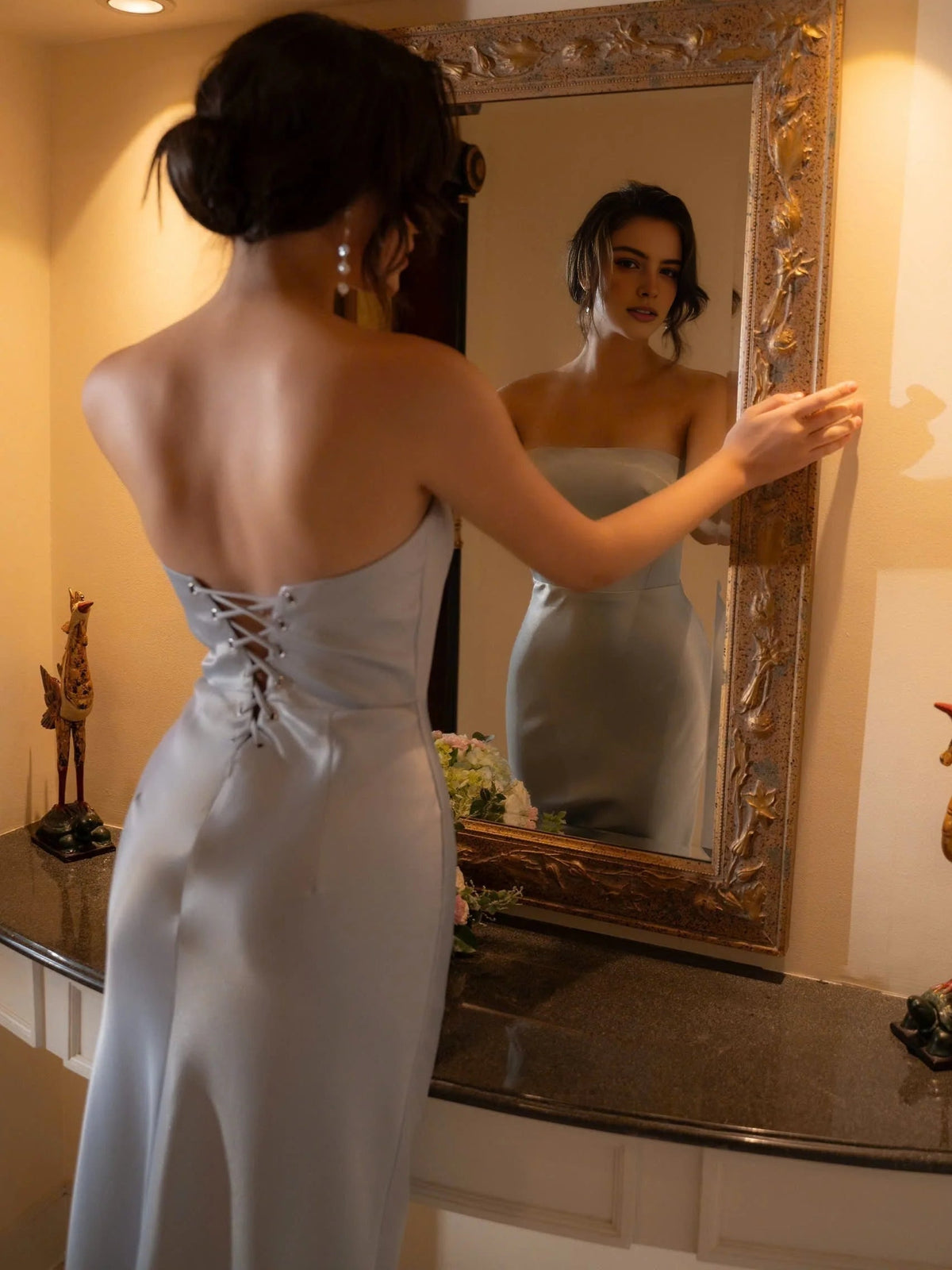 Ivory white backless strapless satin mermaid prom dress with lace-up back