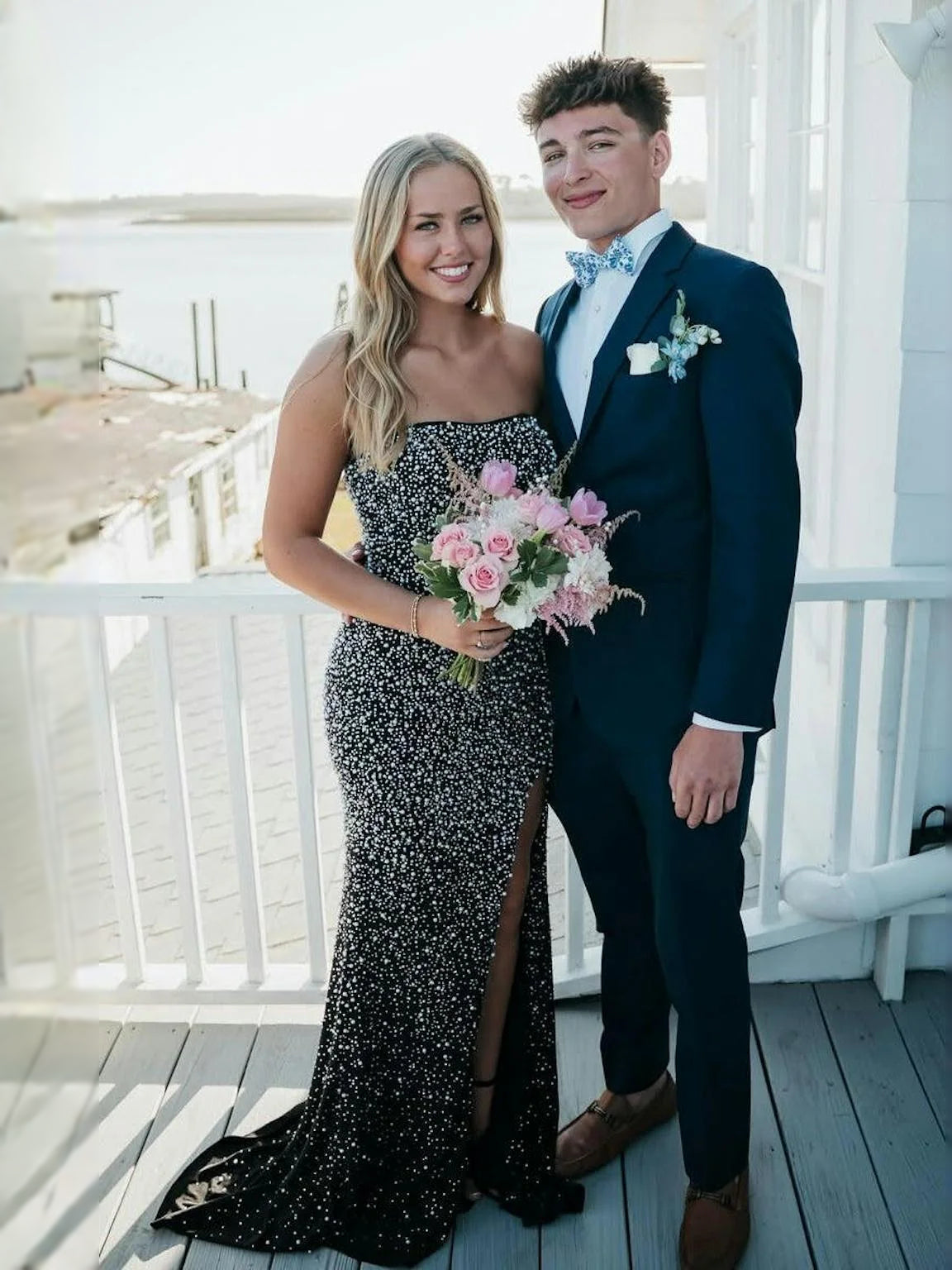 Black strapless sparkling corset mermaid prom dress with front thigh slit