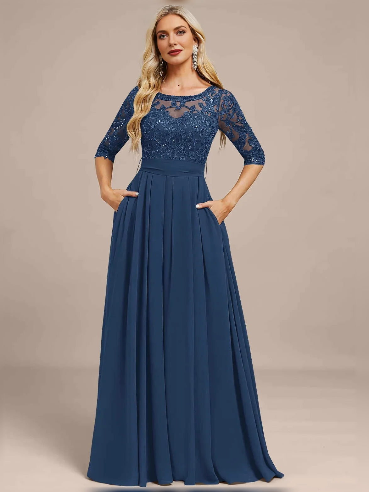 Dark blue A-line chiffon mother of the bride dress with lace illusion neckline