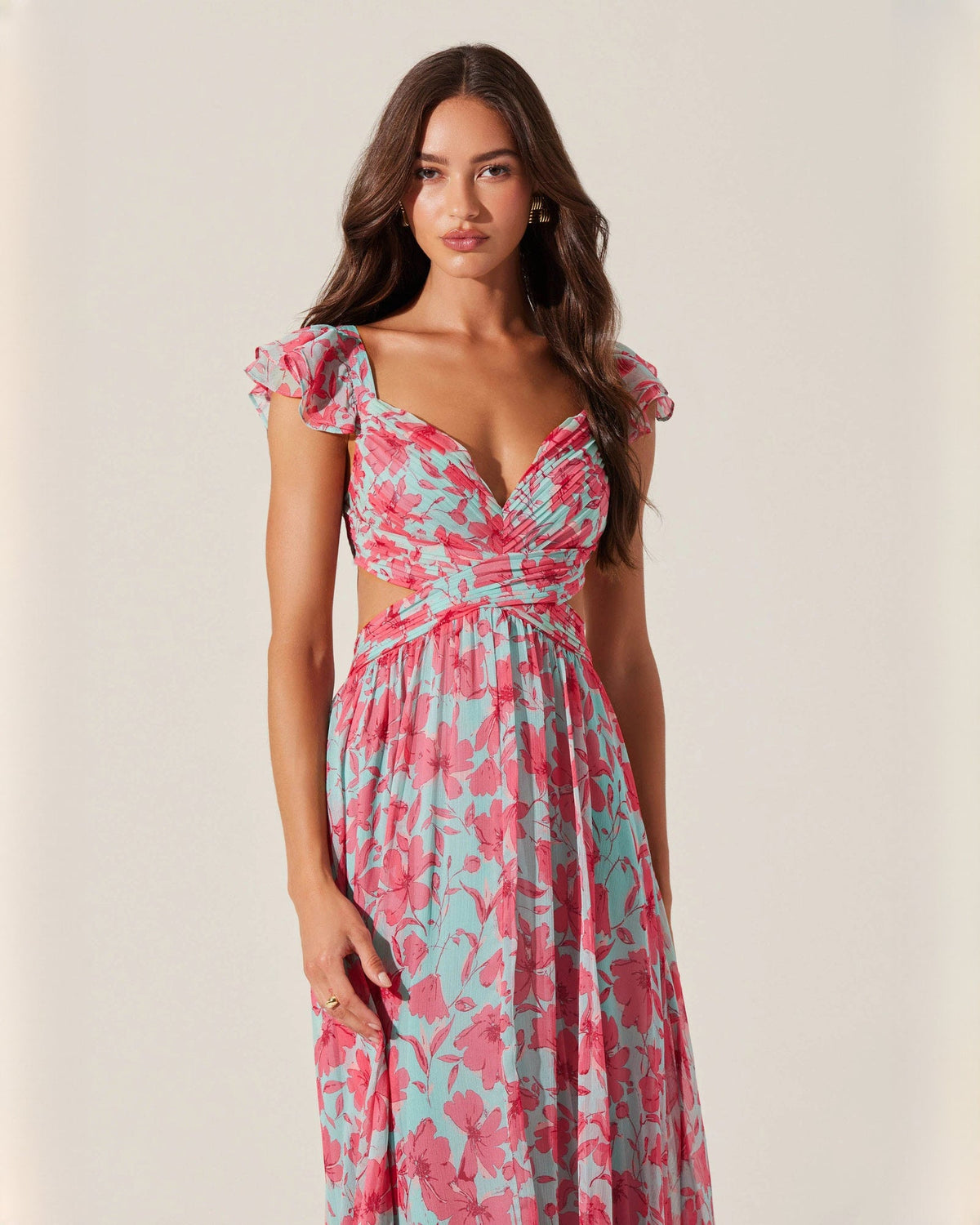 Floral chiffon A-line maxi dress with V-neck, pink and teal gathered waist
