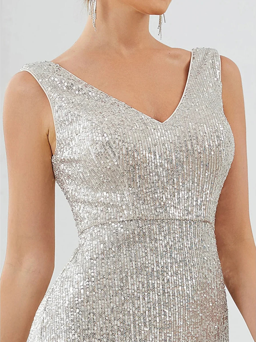 Silver sequin V-neck sleeveless gown detail with fitted waist seam