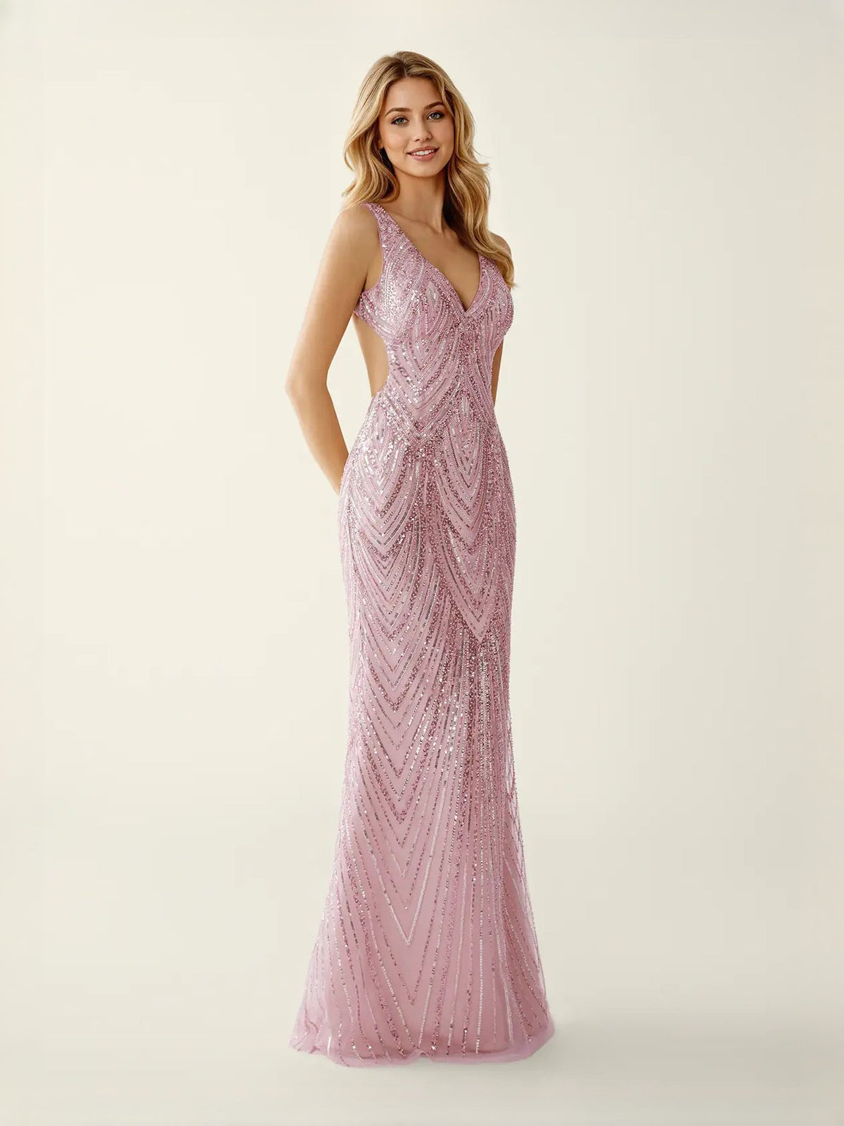 Light pink sequin mermaid maxi prom dress with V-neck and sparkle zigzag pattern
