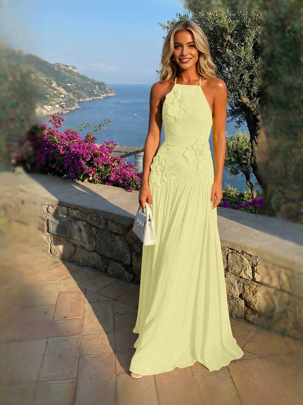 Light mint halter-neck A-line maxi chiffon dress with ruched floral bodice