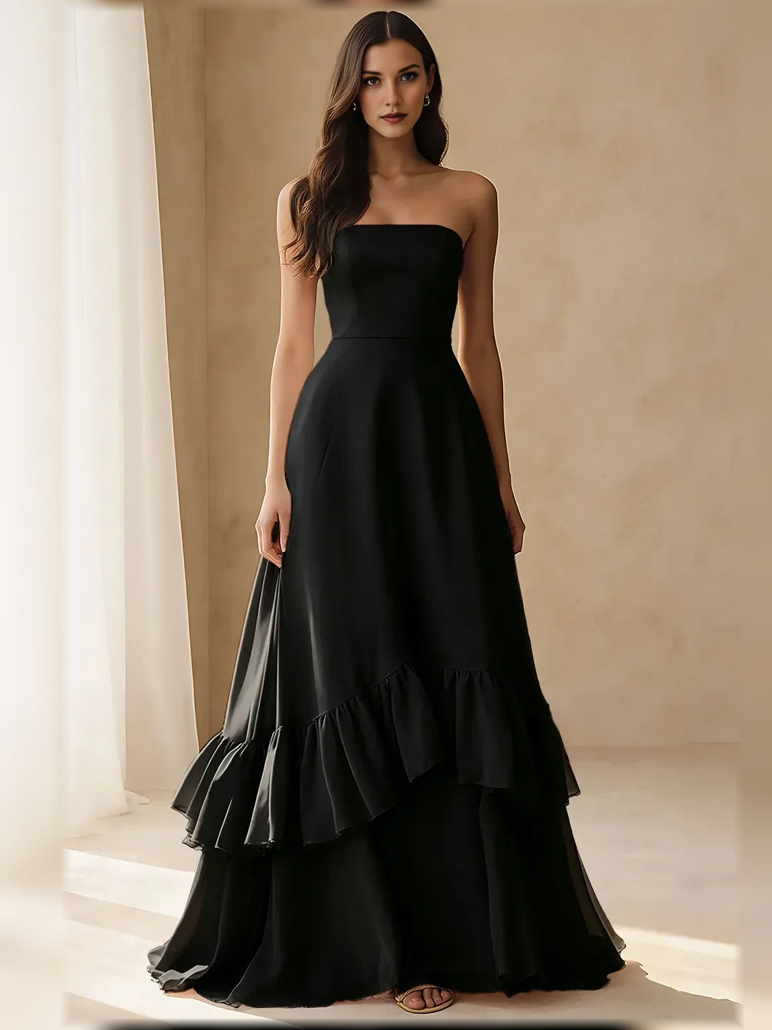 Strapless tiered ruffle A-line formal dress in black chiffon, front view