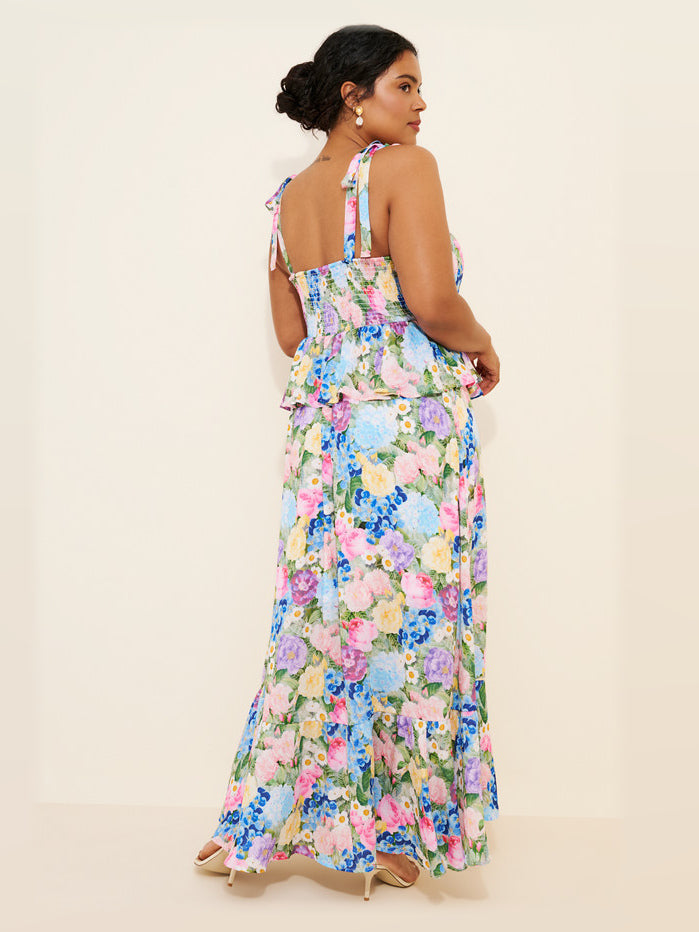 Pink Blue Floral Print maxi formal dress, alternate full-length view showing the hem