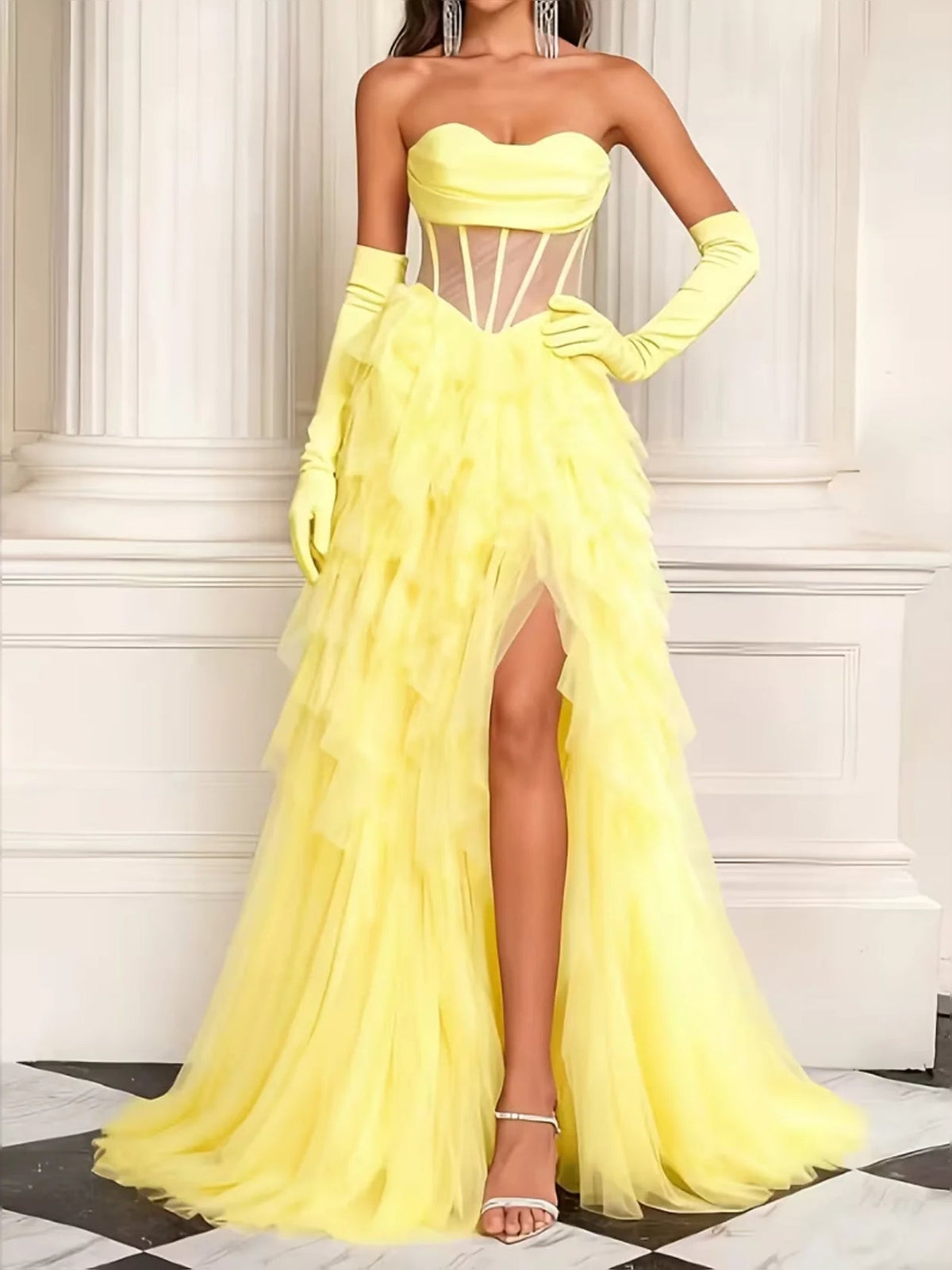 Daffodil yellow strapless corset prom dress with tiered tulle skirt and front slit, long gloves