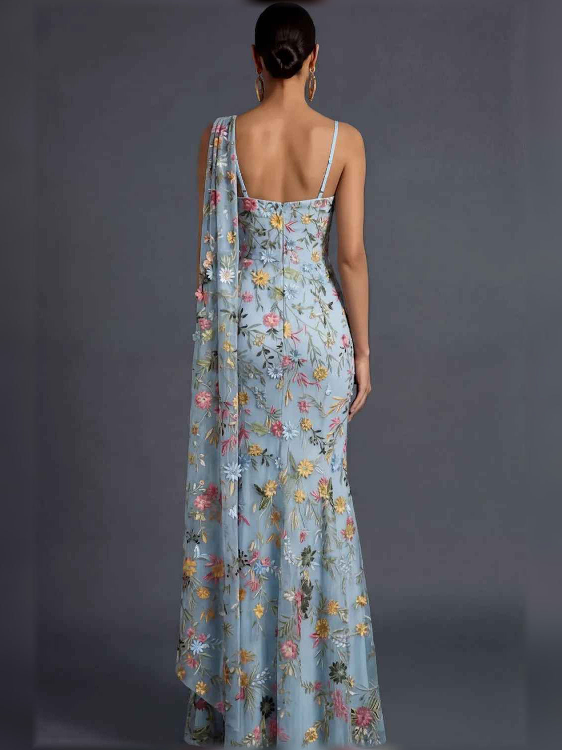 Floral print one-shoulder formal dress, open back, light blue base with multicolor flowers