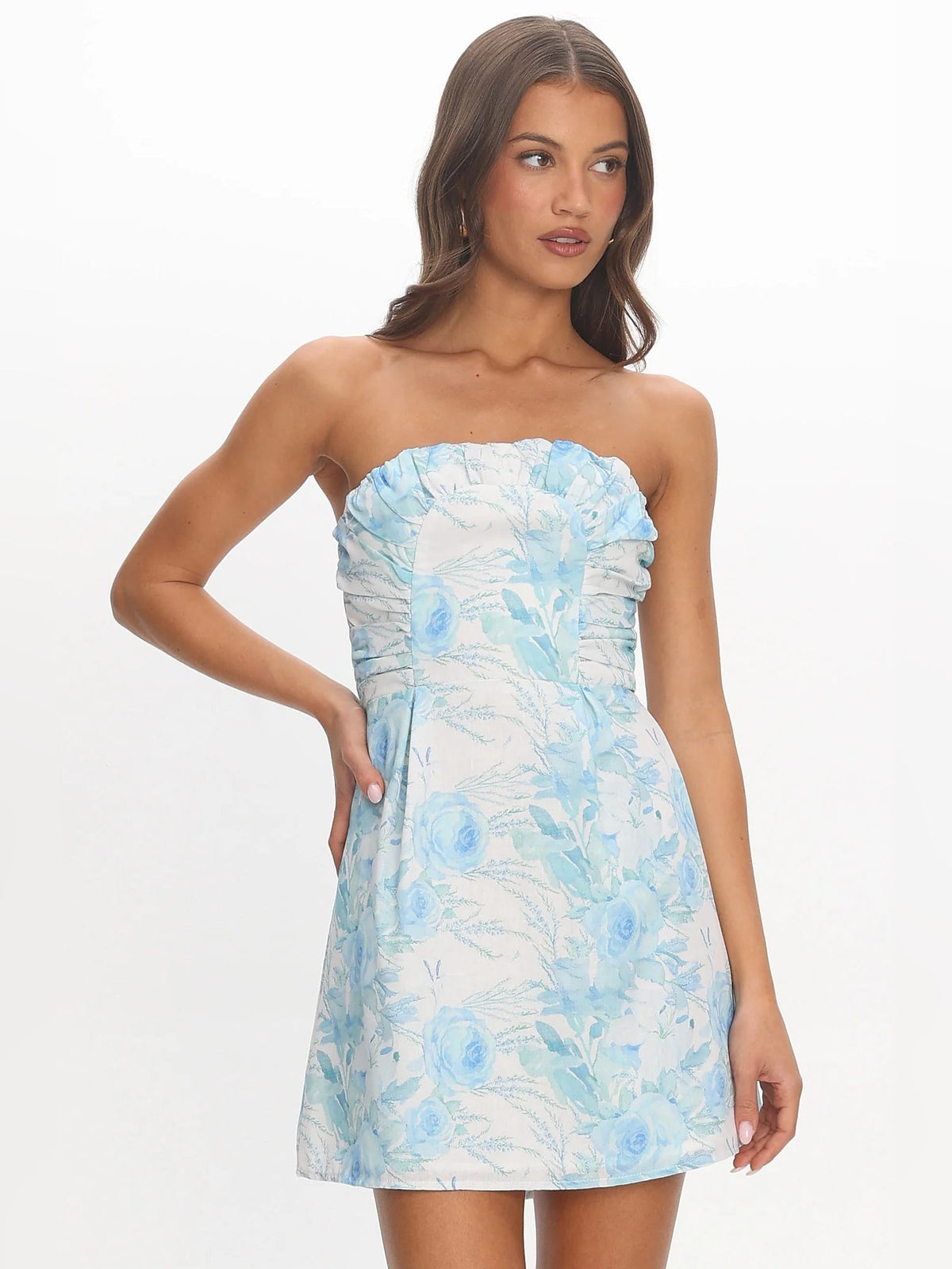 Blue and white floral strapless mini dress with ruched bodice