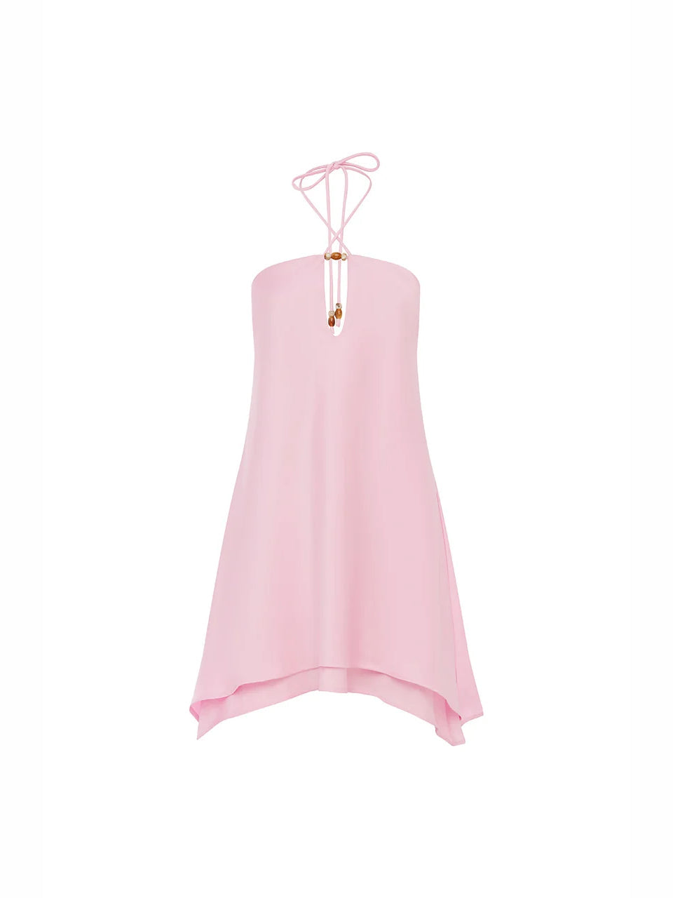 Light pink halter mini dress on hanger with keyhole front and draped skirt