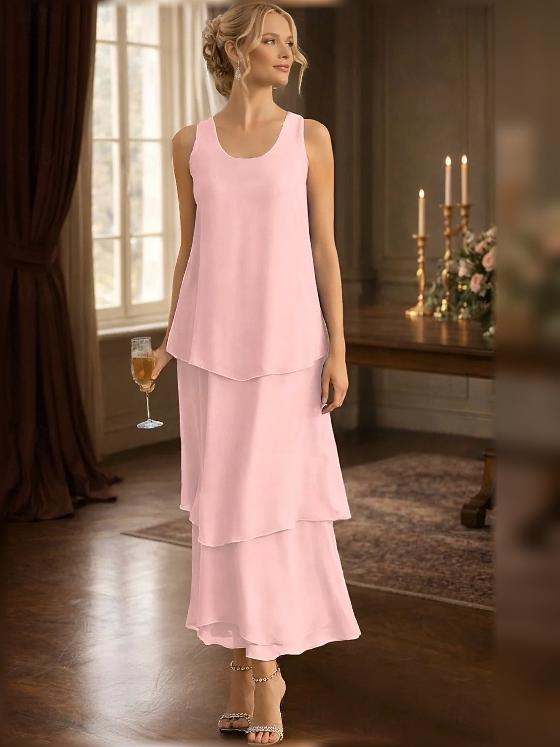 Pink tiered chiffon maxi dress, scoop neck, sleeveless A-line