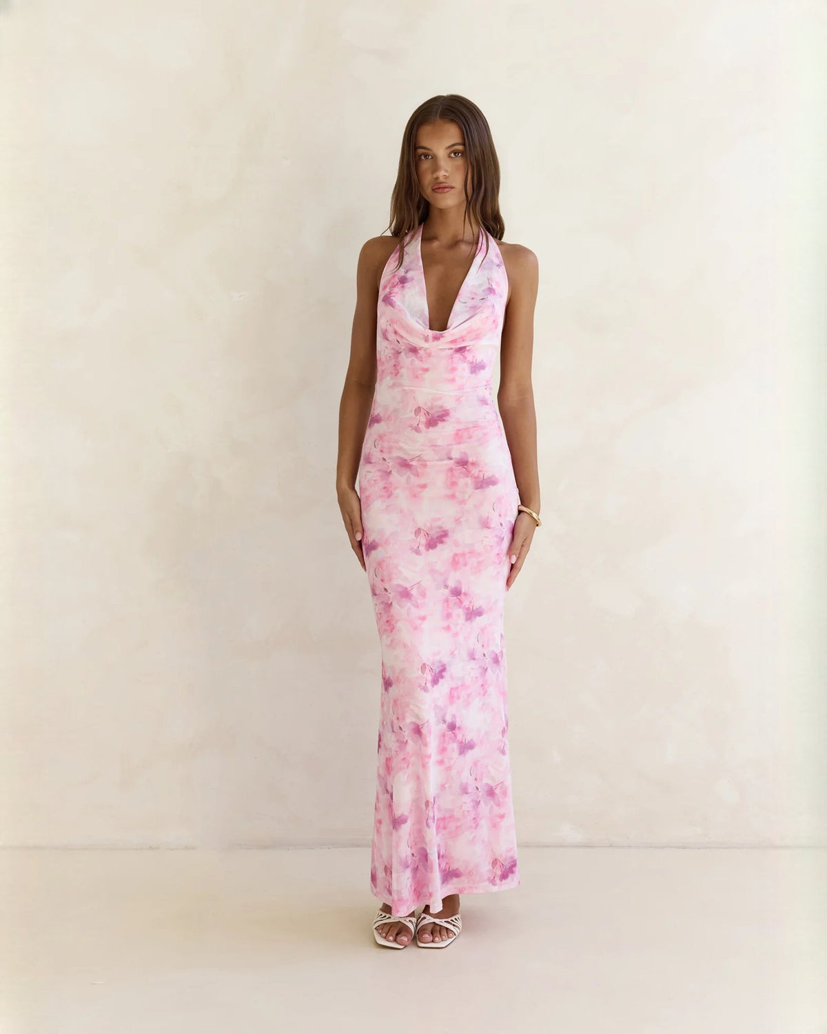 Pink floral halter neck A-line maxi dress, sleeveless with V neckline