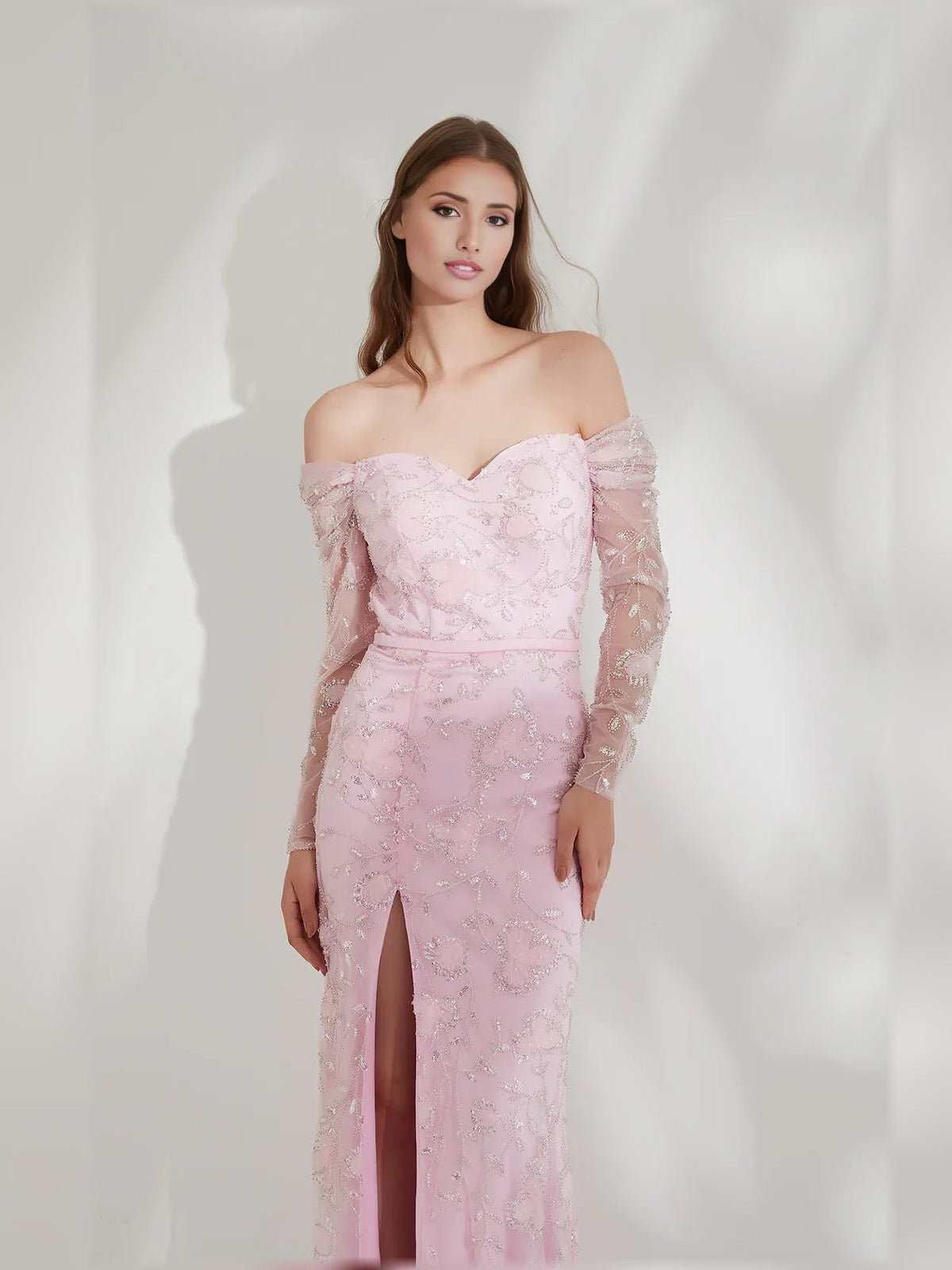Blush pink floral off-shoulder long-sleeve formal dress with sweetheart neckline