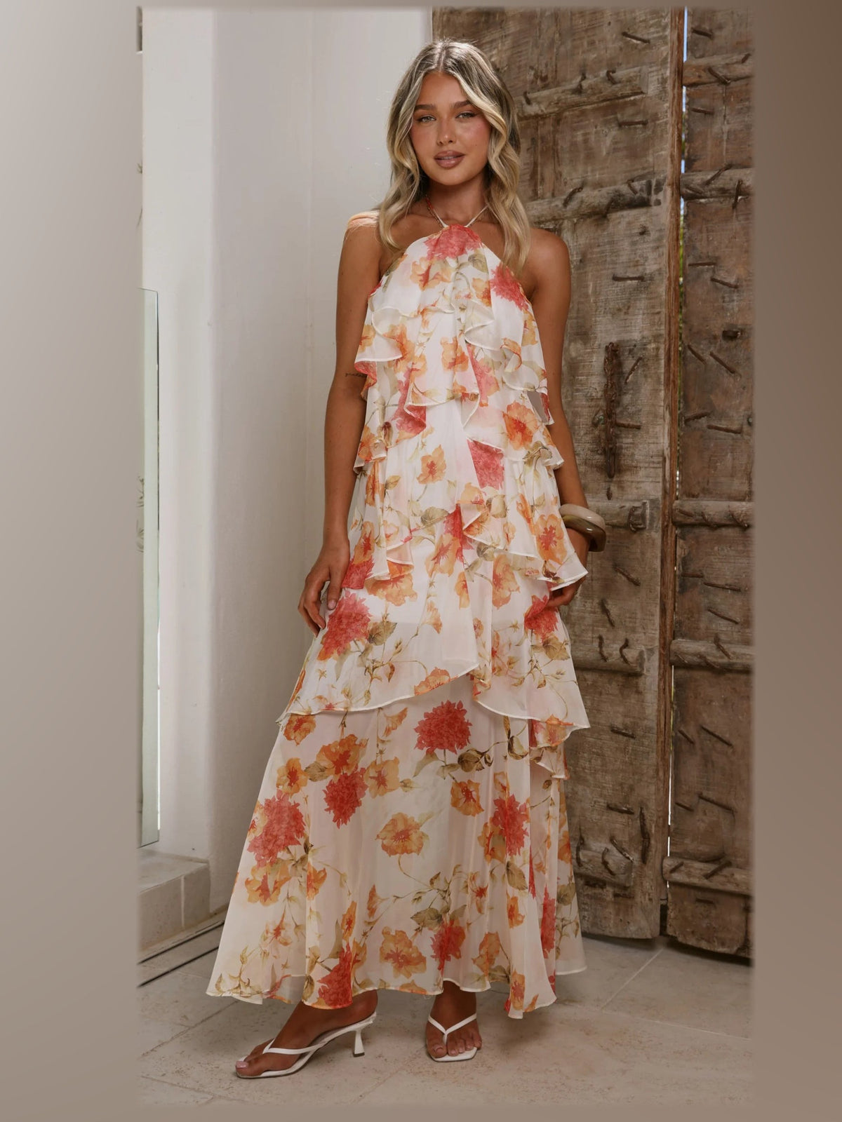 White Orange Floral maxi formal dress, alternate full-length view showing the hem