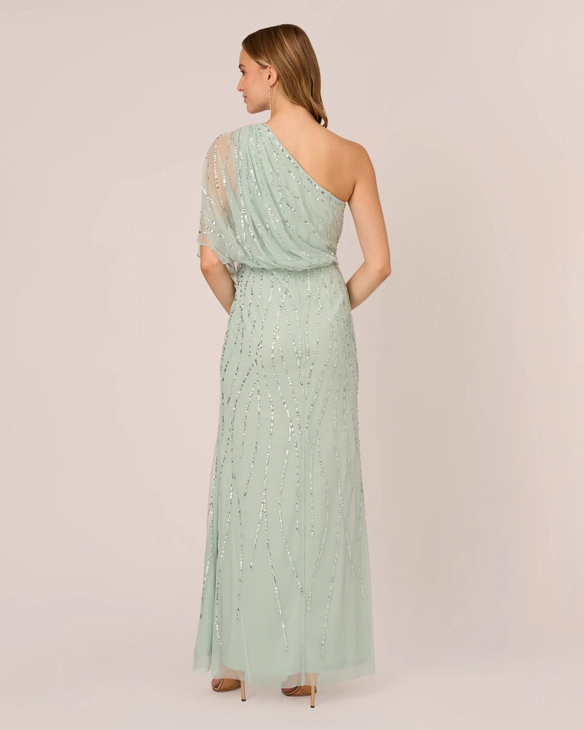 Mint green one-shoulder A-line maxi mother dress with draped detail, back view