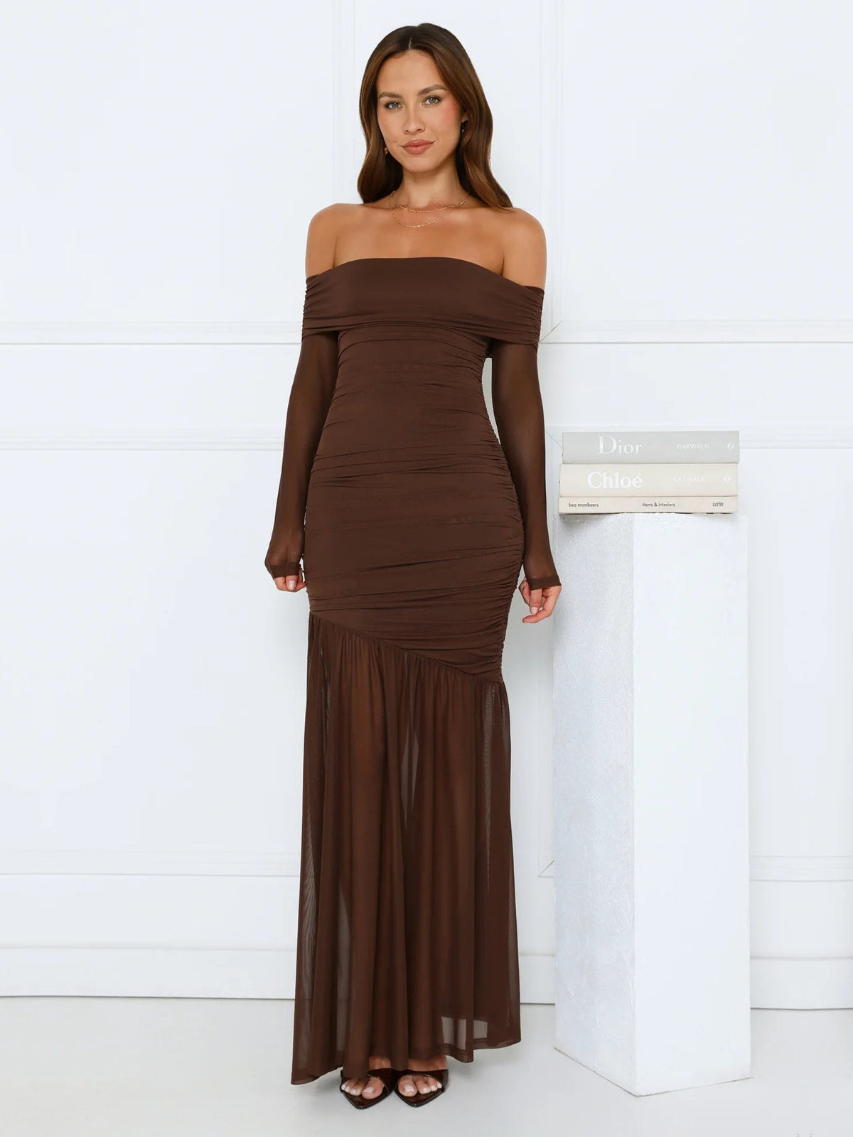 Brown sheath maxi formal dress with off-the-shoulder neckline, alternate view showing the skirt