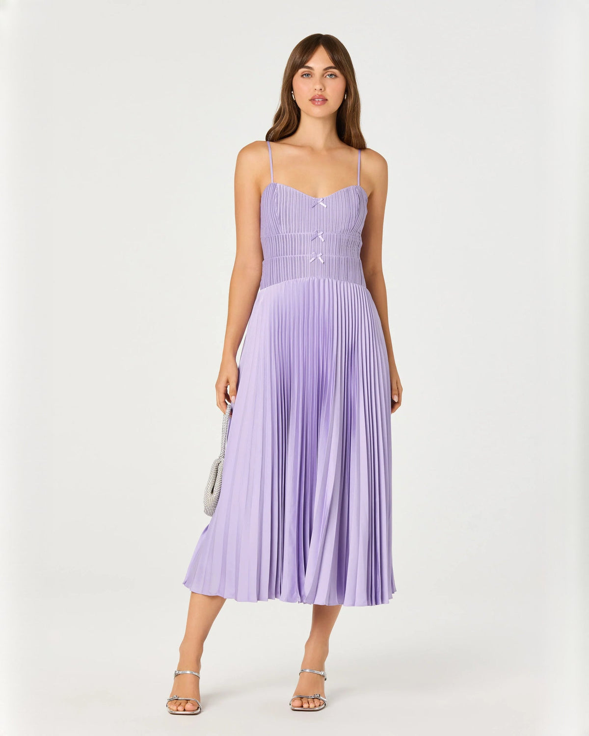 Lilac sleeveless chiffon midi dress, pleated A-line silhouette and spaghetti straps