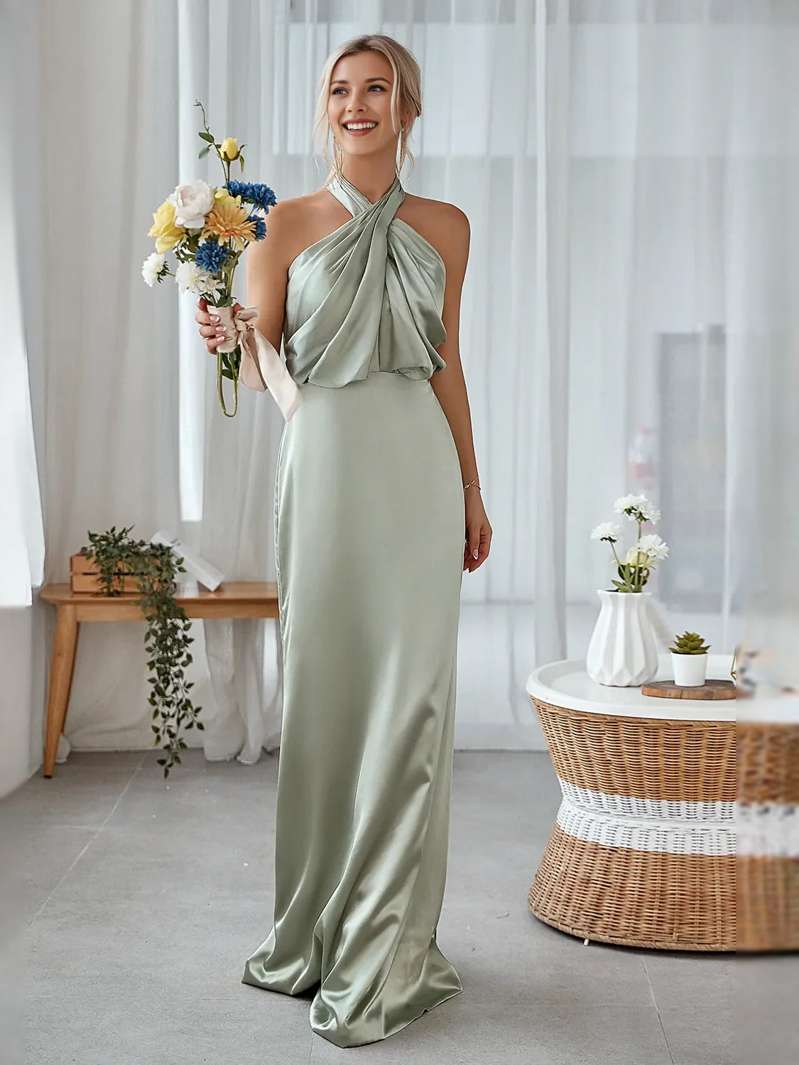 Dusty sage satin halter neck mermaid gown with draped front, floor length